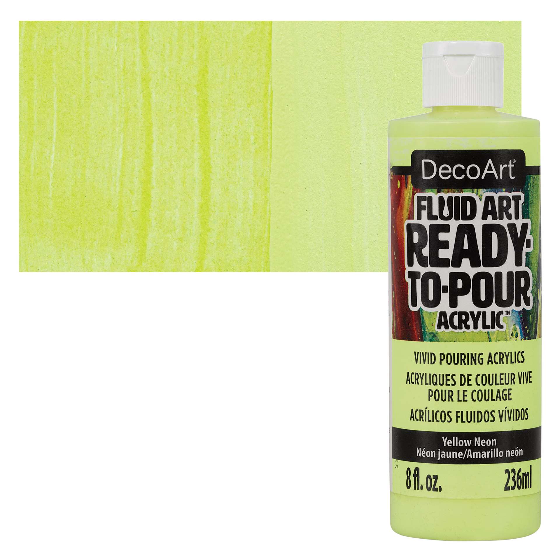 DecoArt Fluid Art Ready-To-Pour Acrylic - Neon Yellow, 8 oz Bottle and swatch