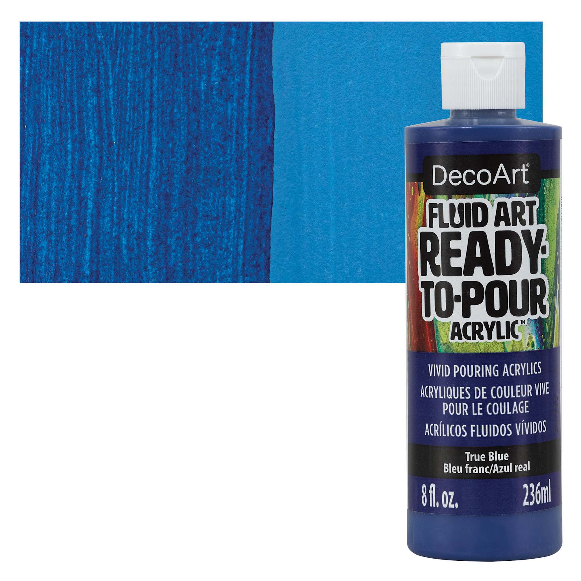 DecoArt Fluid Art Ready-To-Pour Acrylic - True Blue, 8 oz Bottle and swatch