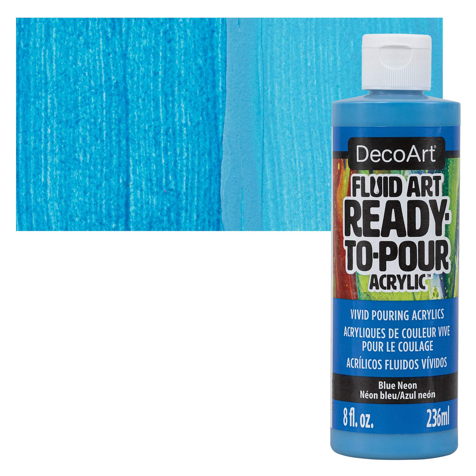 DecoArt Fluid Art Ready-To-Pour Acrylic - Neon Blue, 8 oz Bottle and swatch