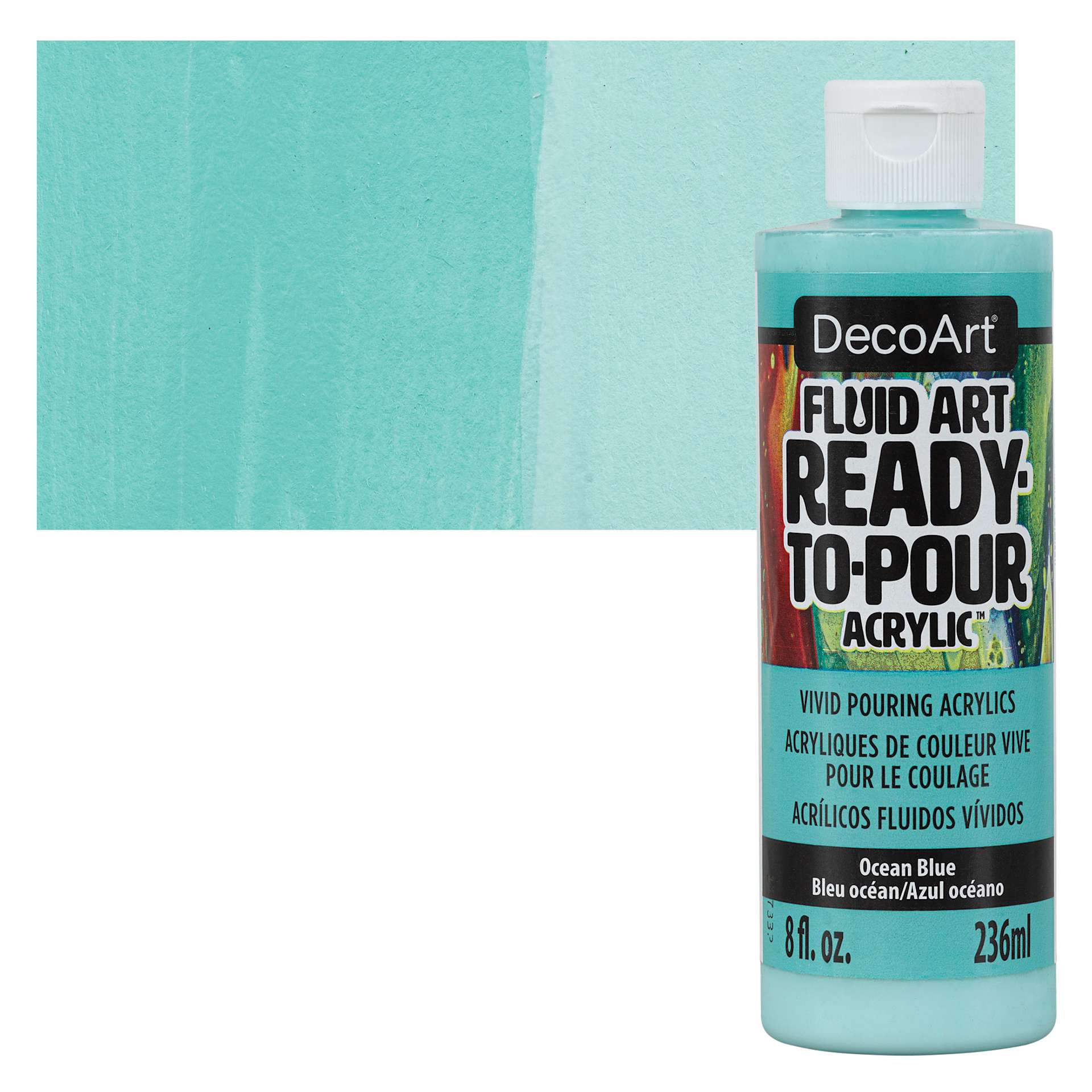 DecoArt Fluid Art Ready-To-Pour Acrylic - Ocean Blue, 8 oz Bottle and swatch