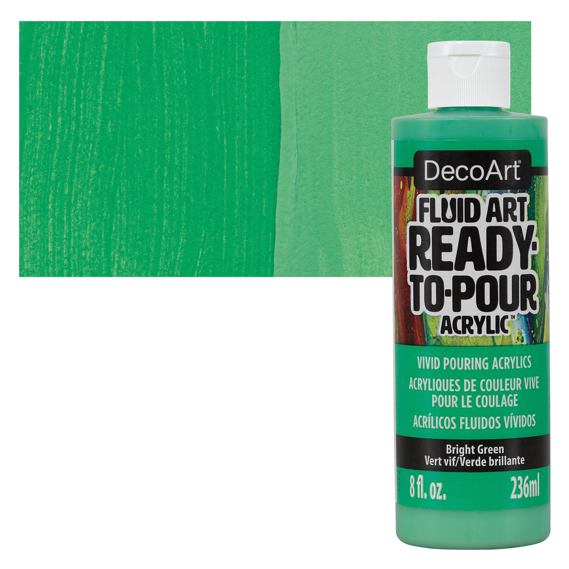 DecoArt Fluid Art Ready-To-Pour Acrylic - Bright Green, 8 oz Bottle and swatch