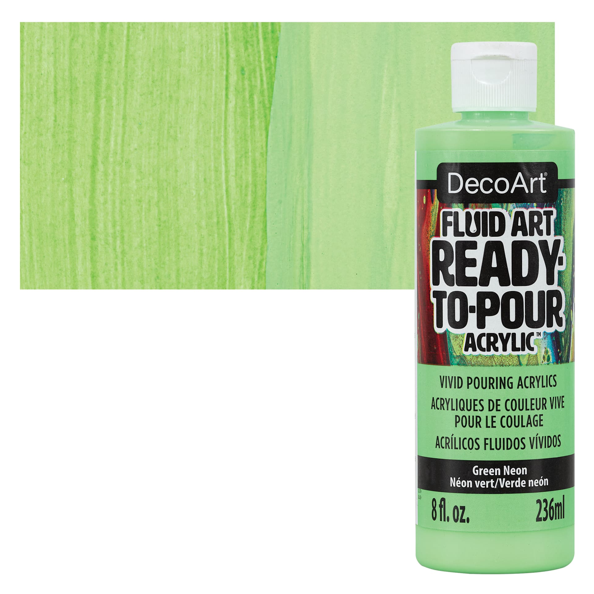 DecoArt Fluid Art Ready-To-Pour Acrylic - Neon Green, 8 oz Bottle and swatch