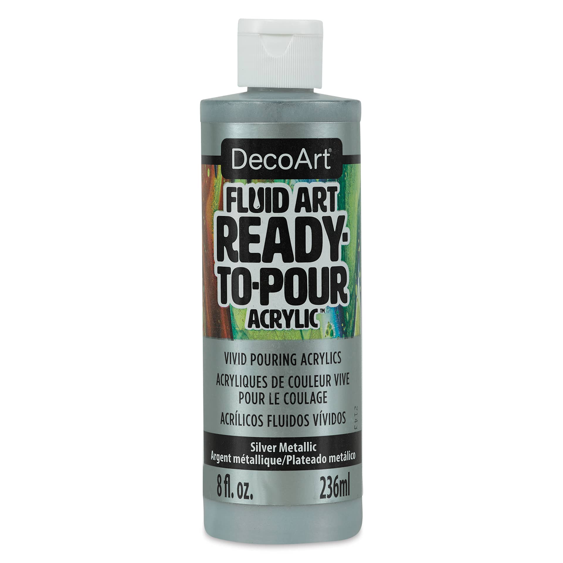 DecoArt Fluid Art Ready-To-Pour Acrylic - Silver (Metallic), 8 oz Bottle (Front)