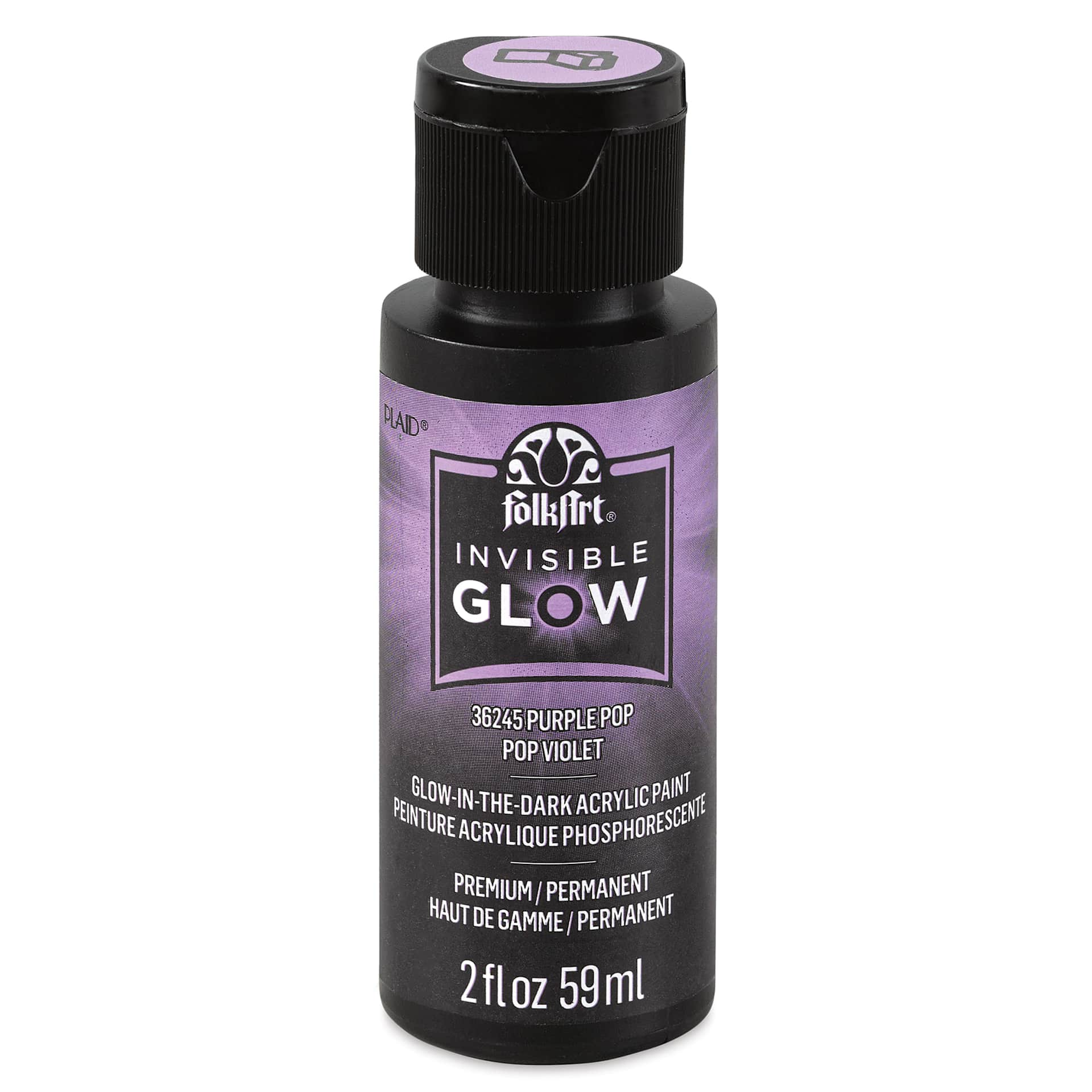 FolkArt Invisible Glow Acrylic Paint - Purple Pop, 2 oz (Front of bottle)