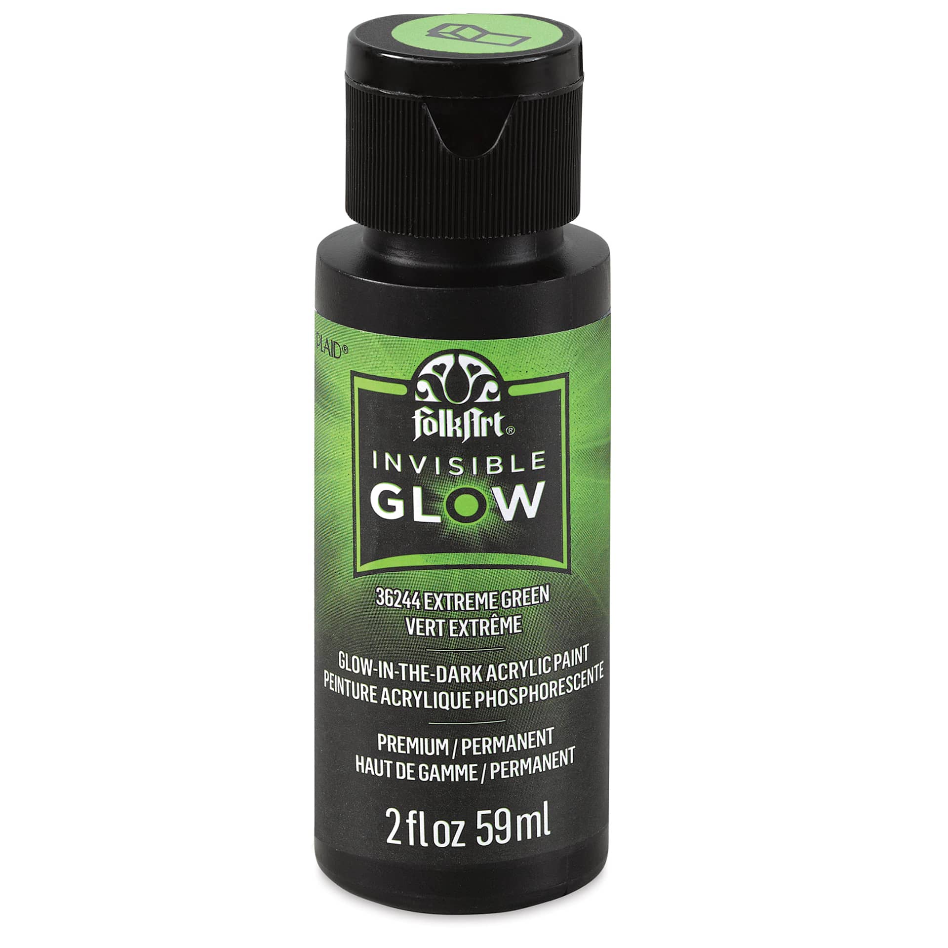FolkArt Invisible Glow Acrylic Paint - Extreme Green, 2 oz (Front of bottle)