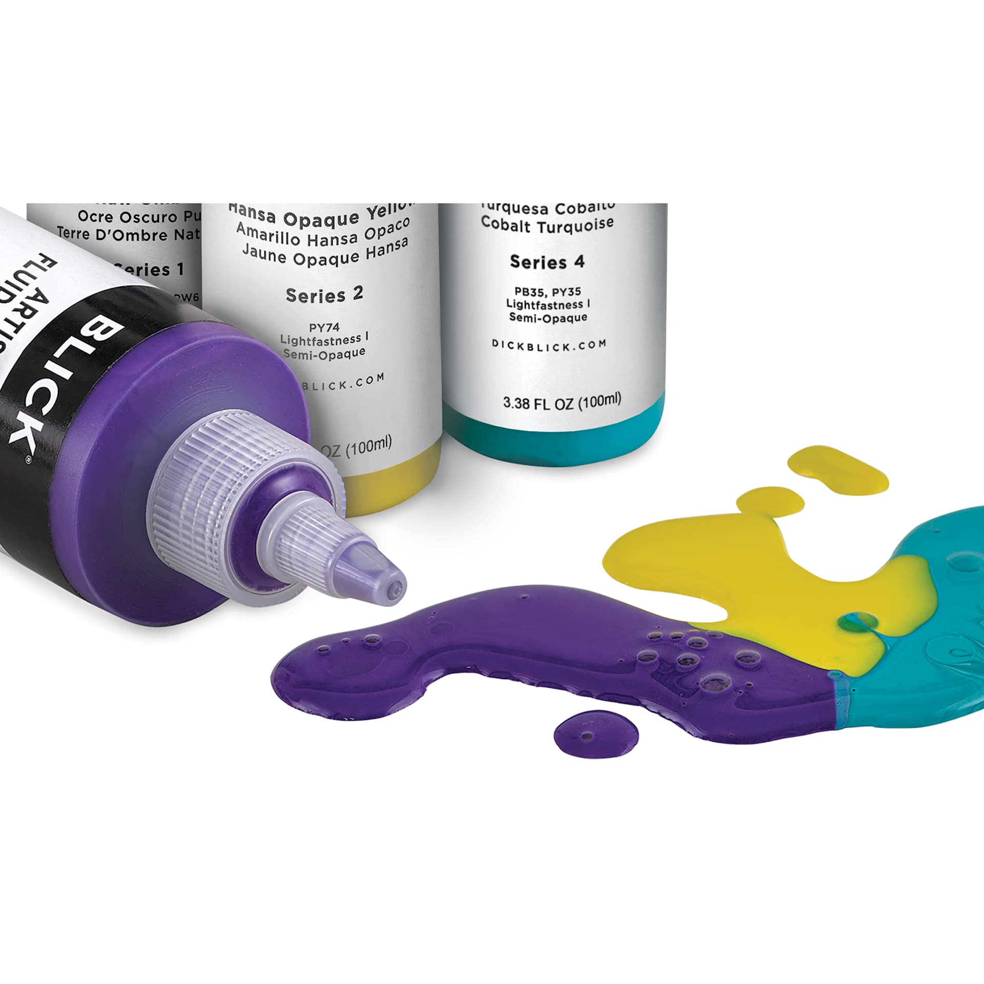 Blick Artists’ Fluid Acrylics Imperfect Packaging, close-up of bottles and paint