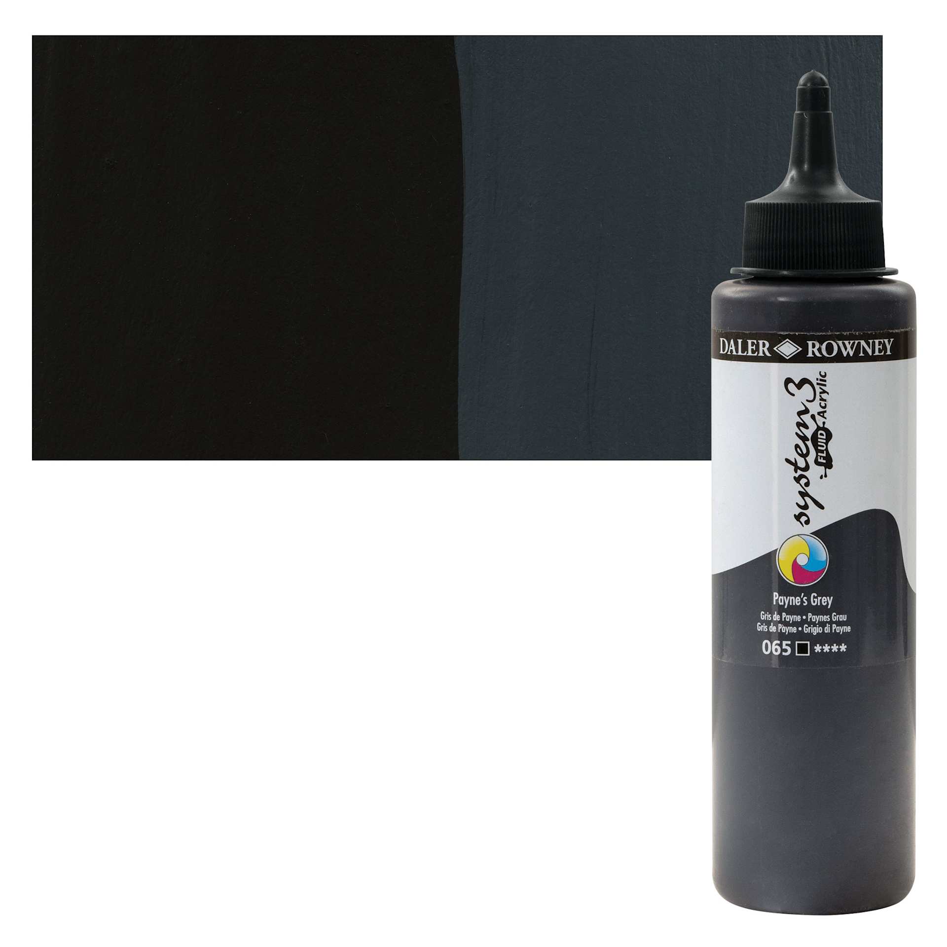 Daler-Rowney System3 Fluid Acrylic - Payne's Gray, 250 ml bottle and swatch