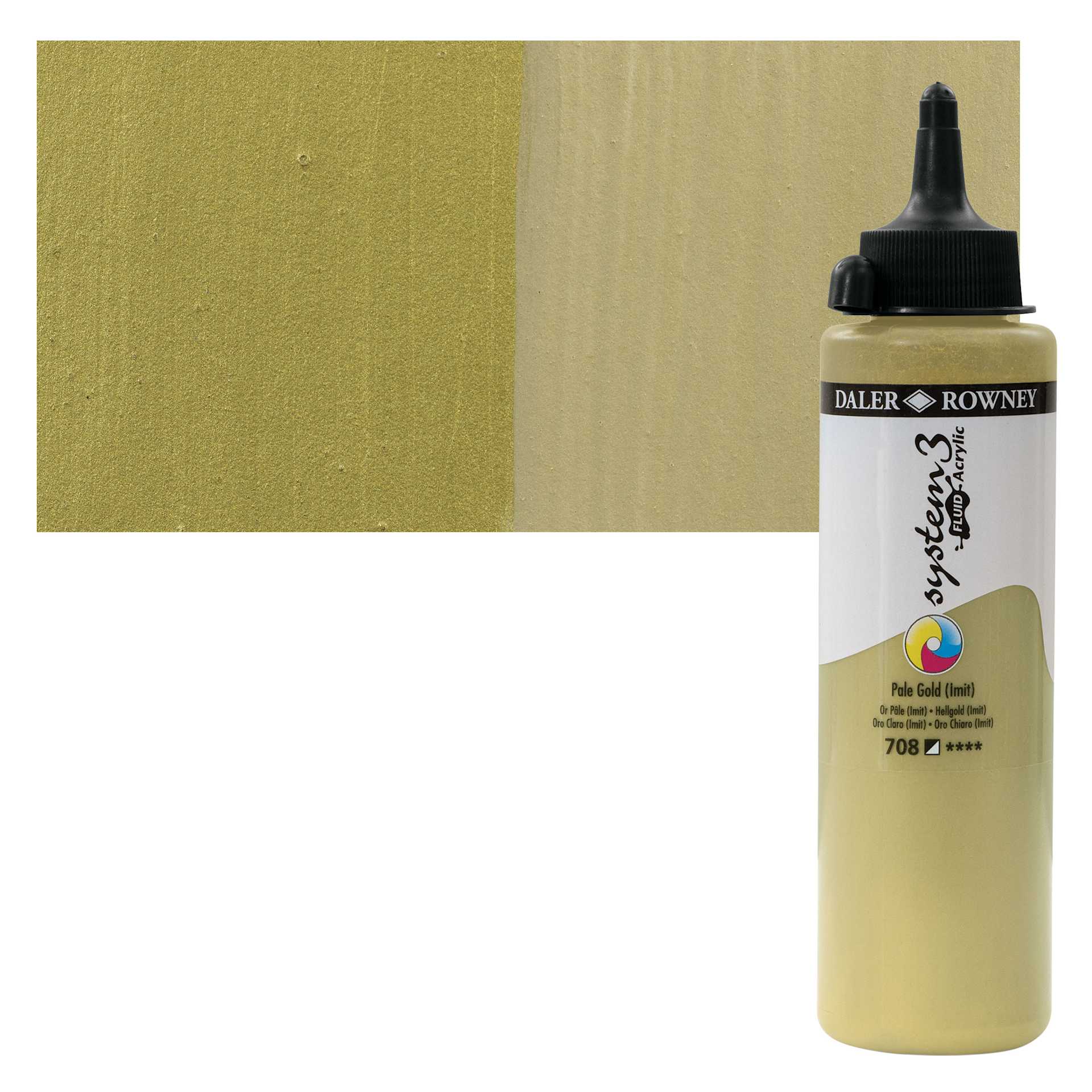 Daler-Rowney System3 Fluid Acrylic - Pale Gold, 250 ml bottle and swatch