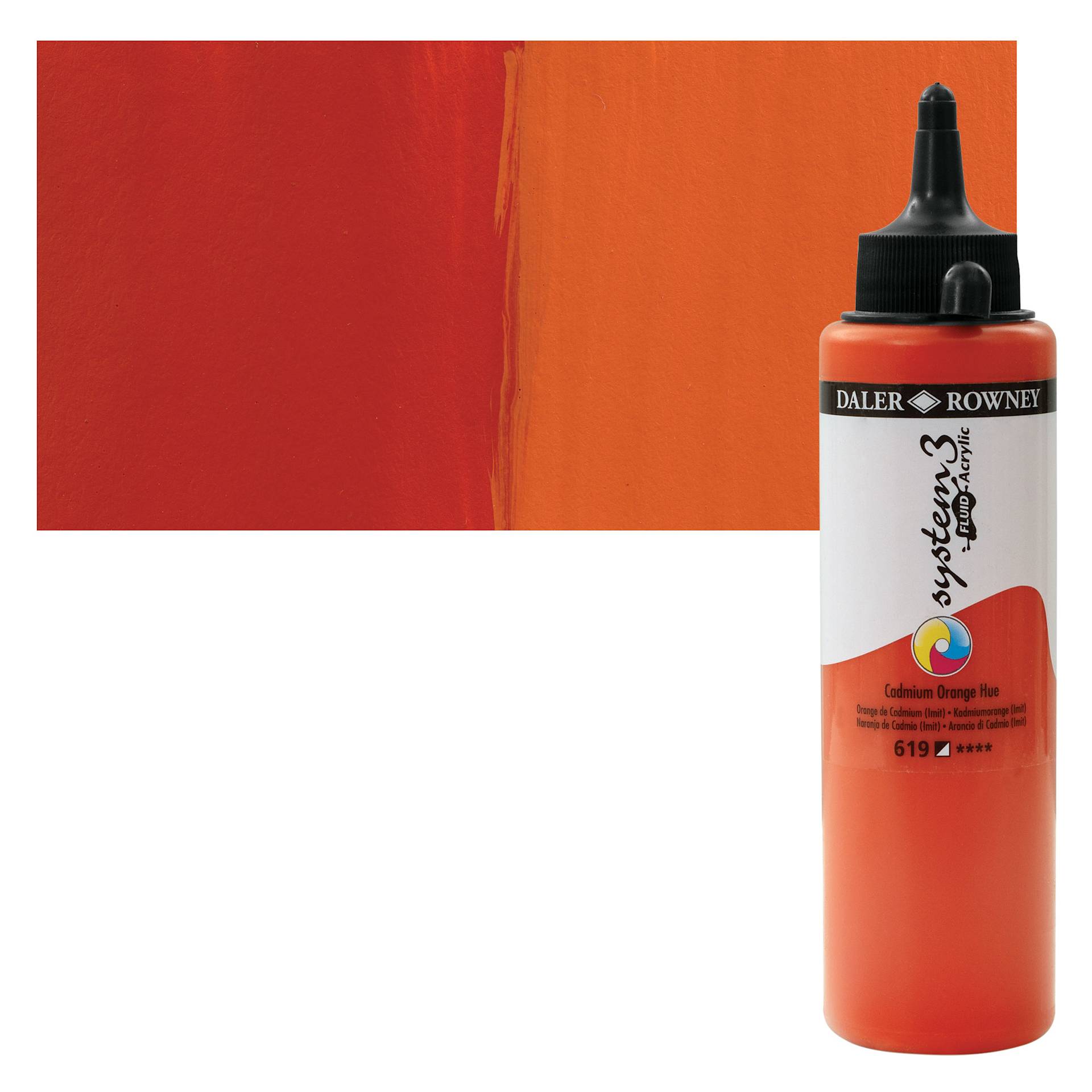 Daler-Rowney System3 Fluid Acrylic - Cadmium Orange Hue, 250 ml bottle and swatch
