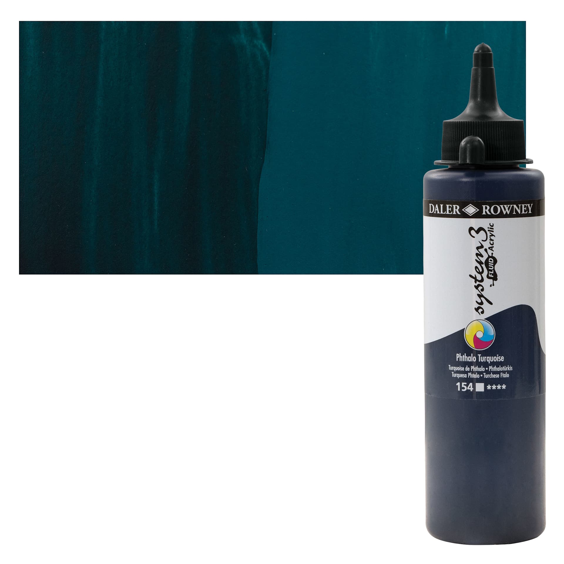 Daler-Rowney System3 Fluid Acrylic - Phthalo Turquoise, 250 ml bottle and swatch