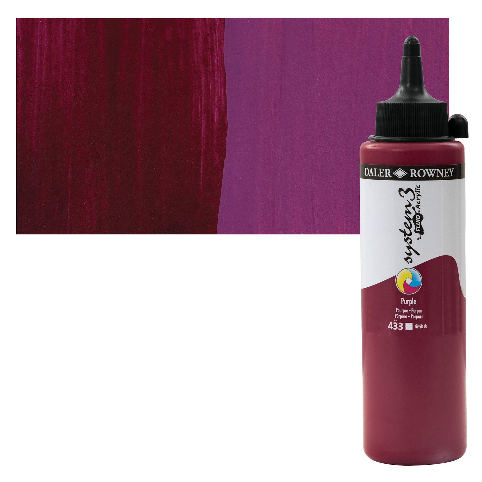 Daler-Rowney System3 Fluid Acrylic - Purple, 250 ml bottle and swatch