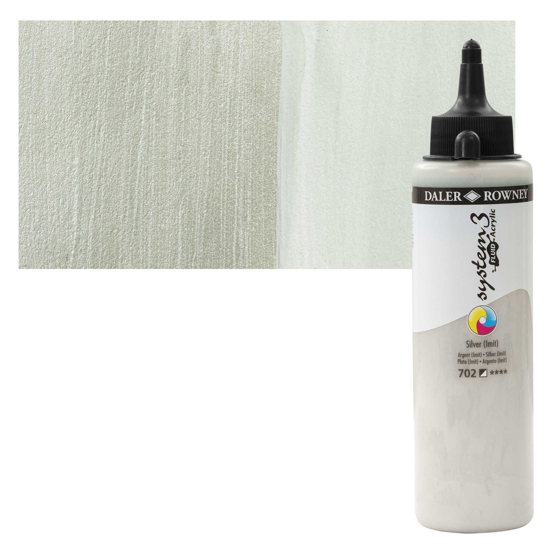Daler-Rowney System3 Fluid Acrylic - Silver Imitation, 250 ml bottle and swatch