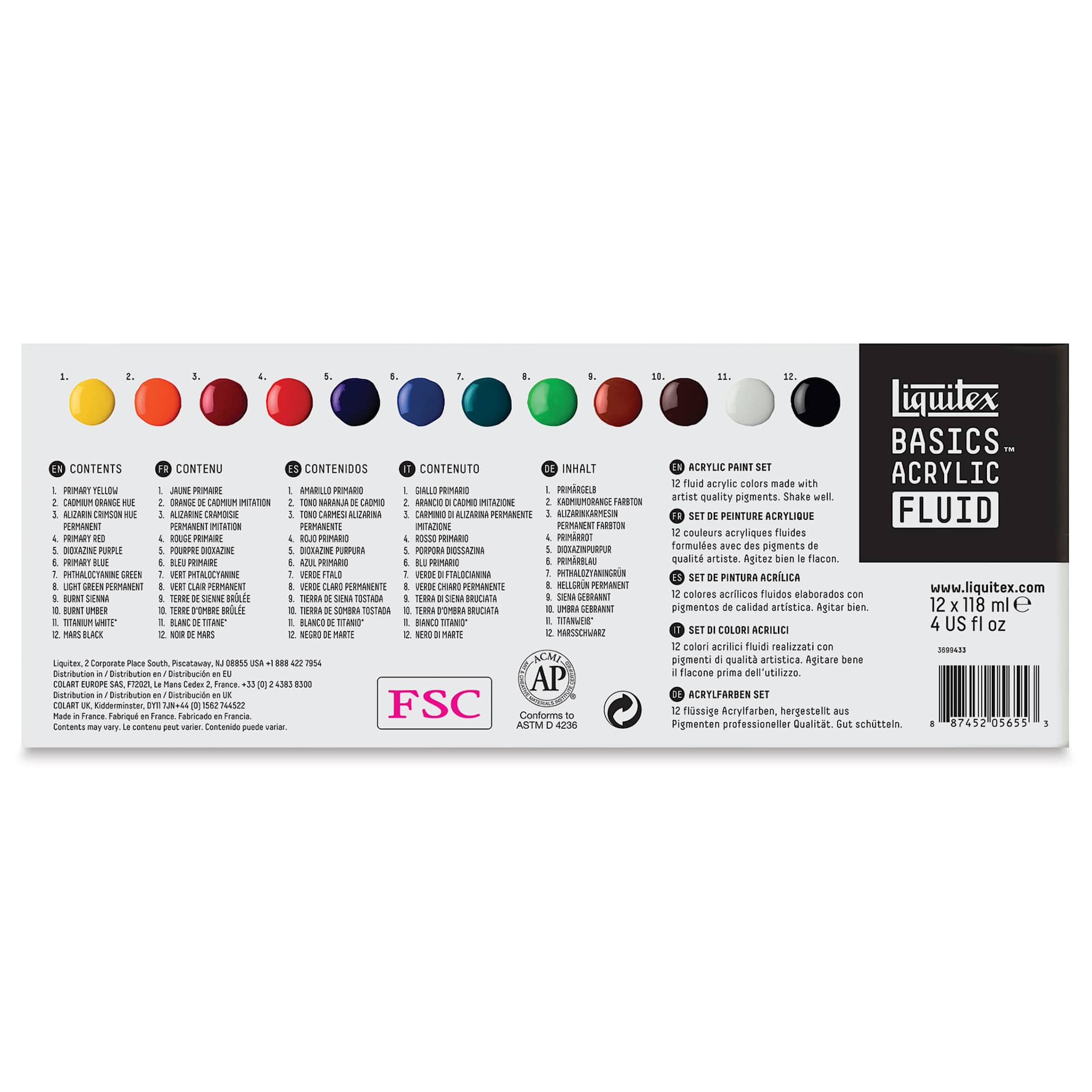 Liquitex Basics Acrylic Fluid Paint - Assorted Colors, Set of 12, 118 ml back of package