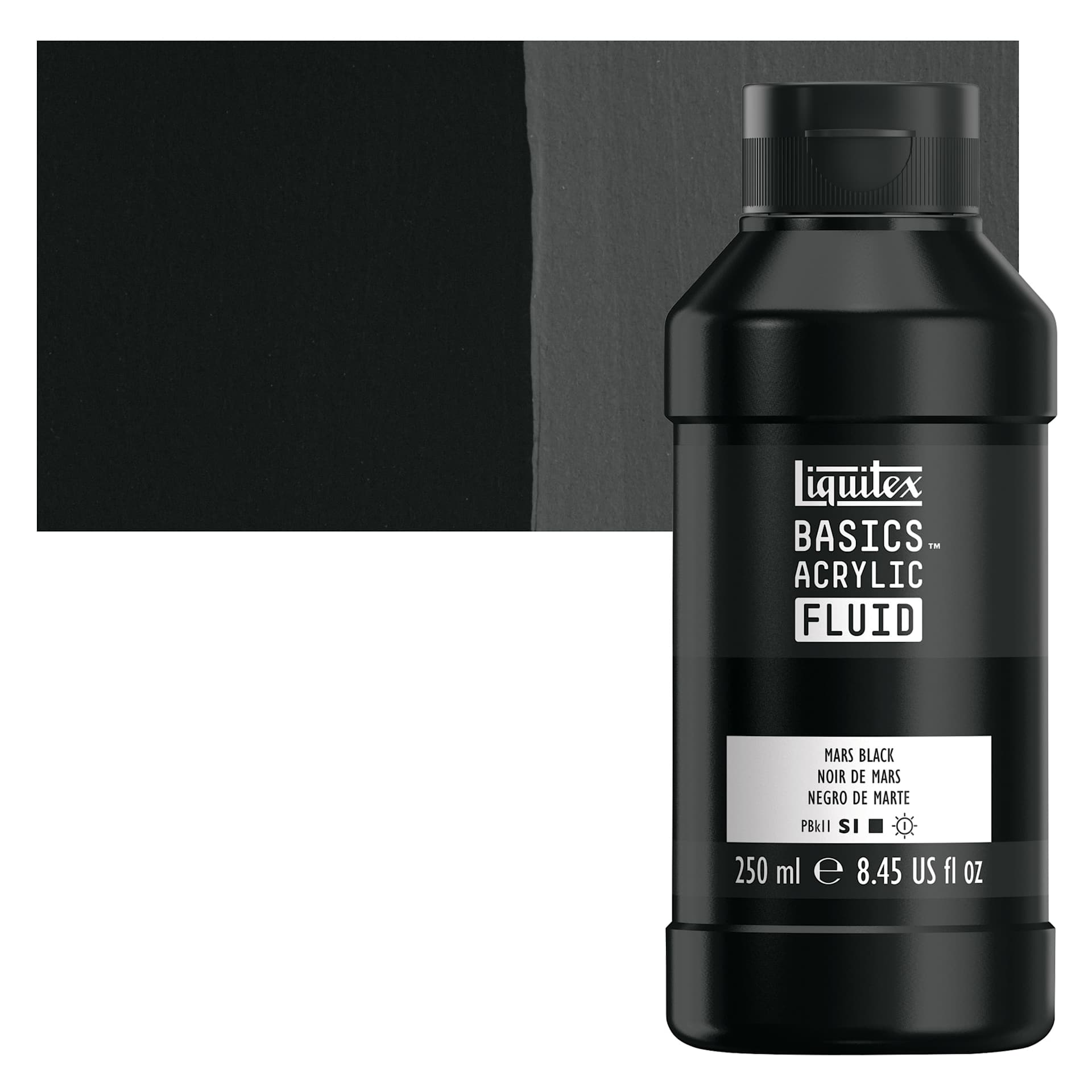 Liquitex Basics Acrylic Fluid Paint - Mars Black, 250 ml bottle and swatch