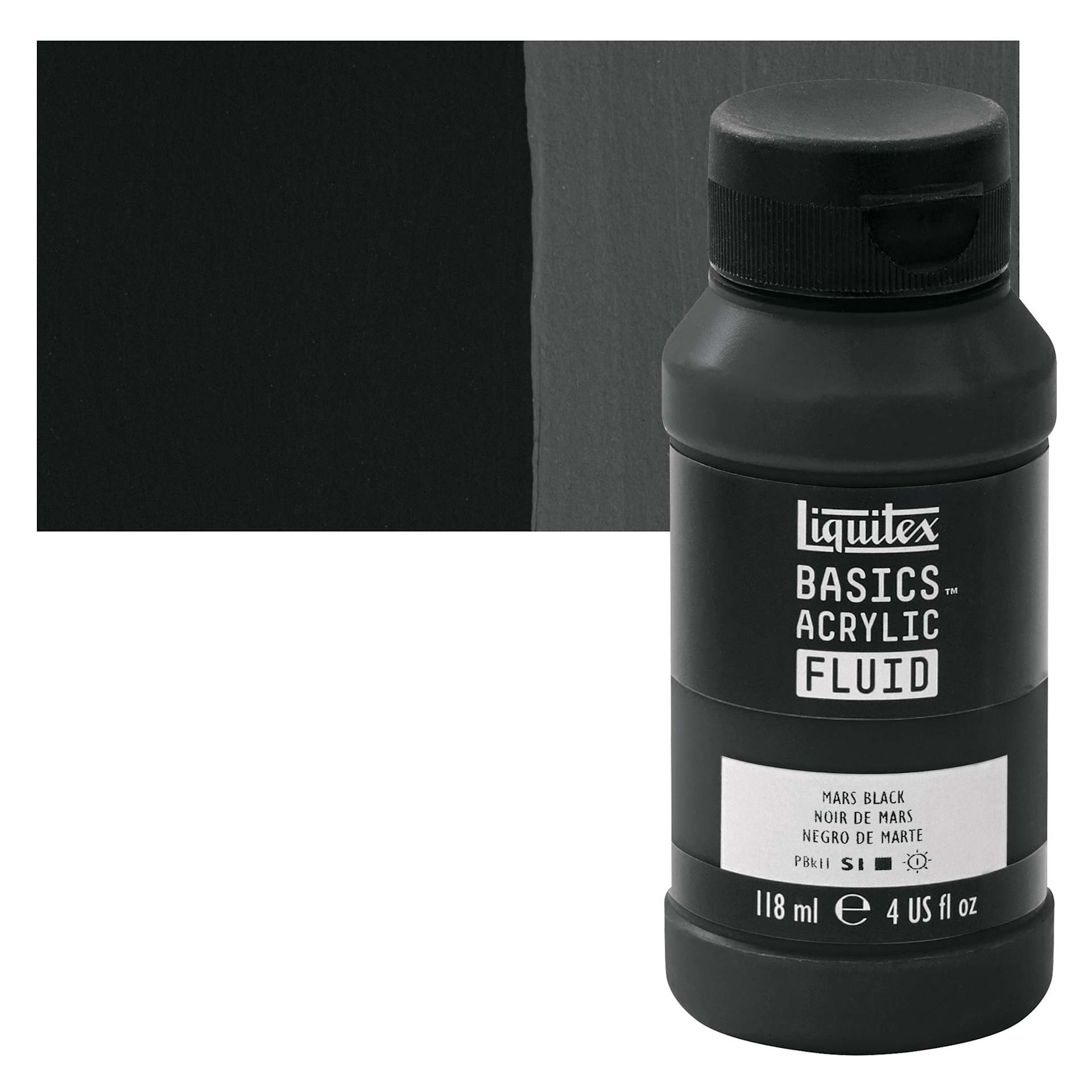 Liquitex Basics Acrylic Fluid Paint - Mars Black, 118 ml bottle and swatch