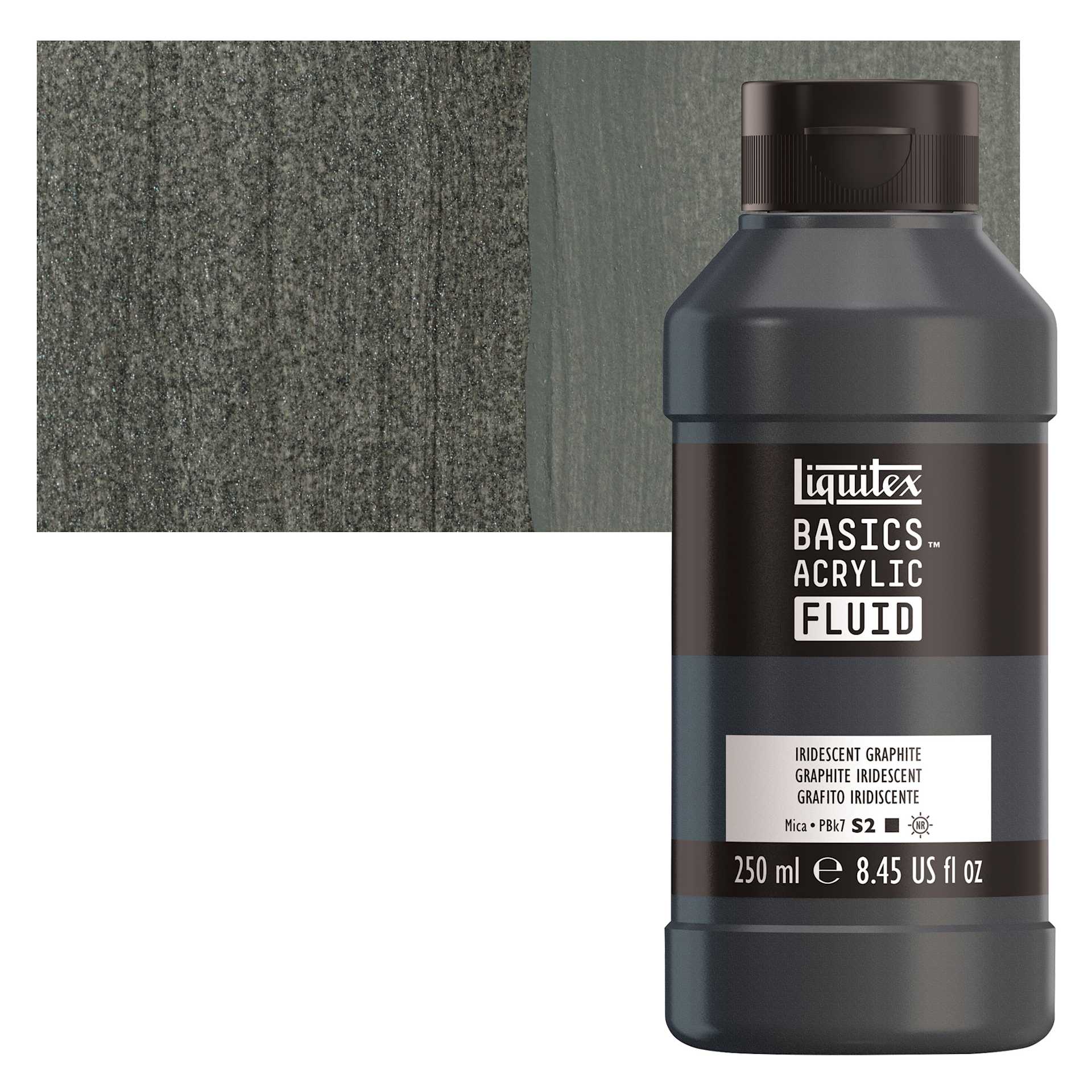 Liquitex Basics Acrylic Fluid Paint - Iridescent Graphite, 250 ml bottle and swatch