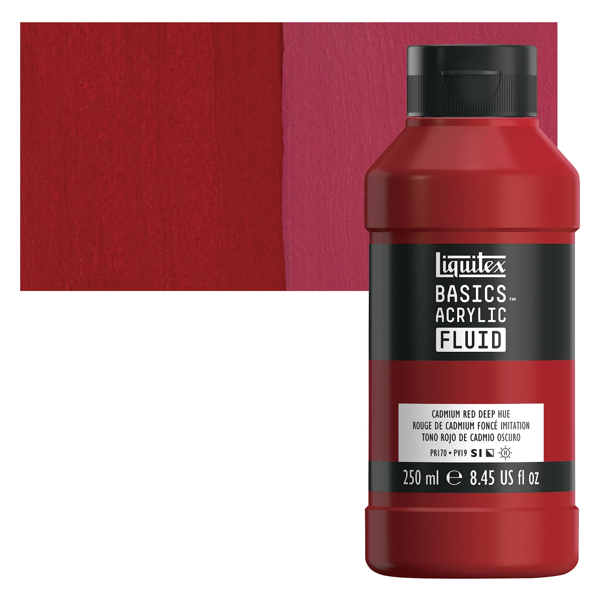 Liquitex Basics Acrylic Fluid Paint - Cadmium Red Deep Hue, 250 ml bottle and swatch