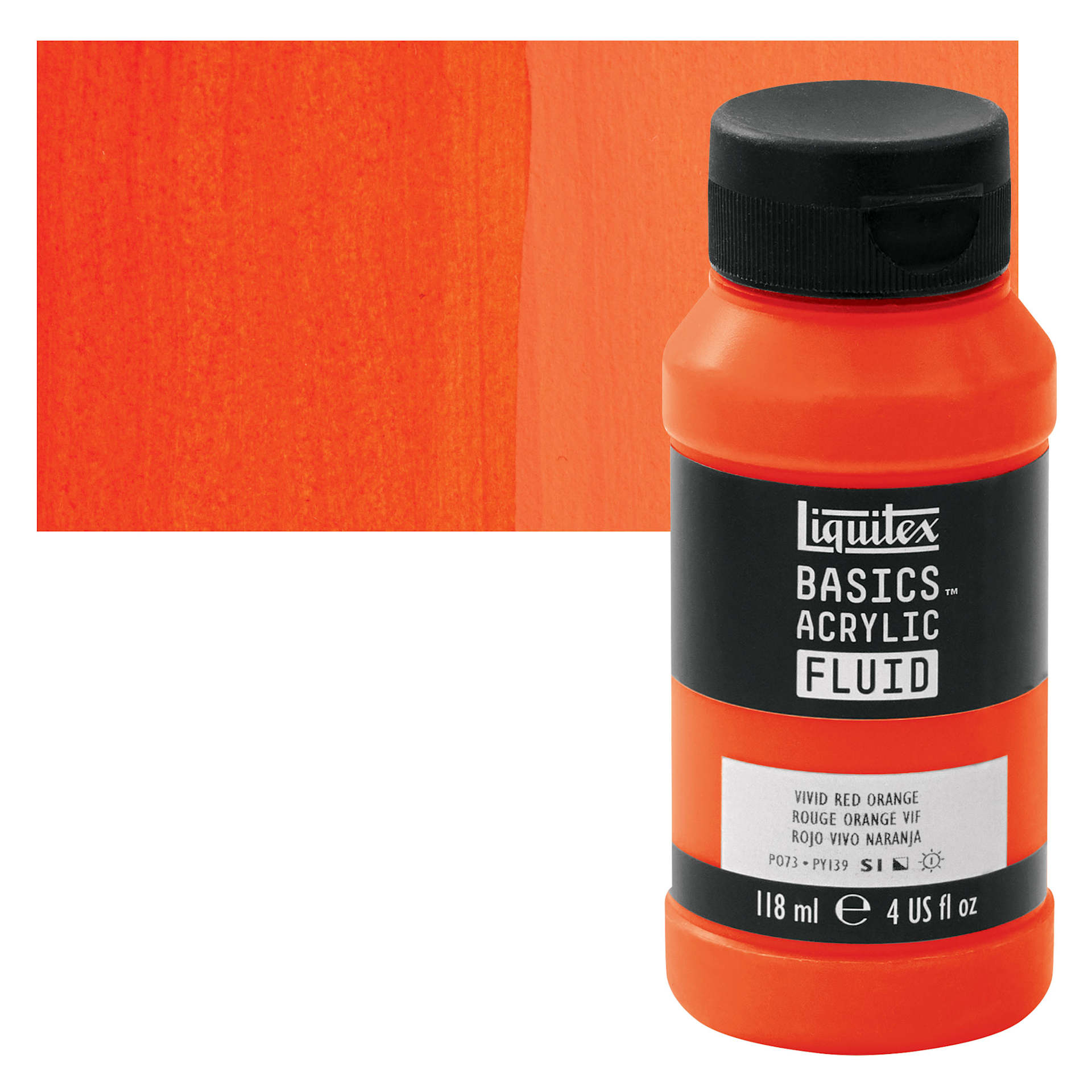 Liquitex Basics Acrylic Fluid Paint - Vivid Red Orange, 118 ml bottle and swatch
