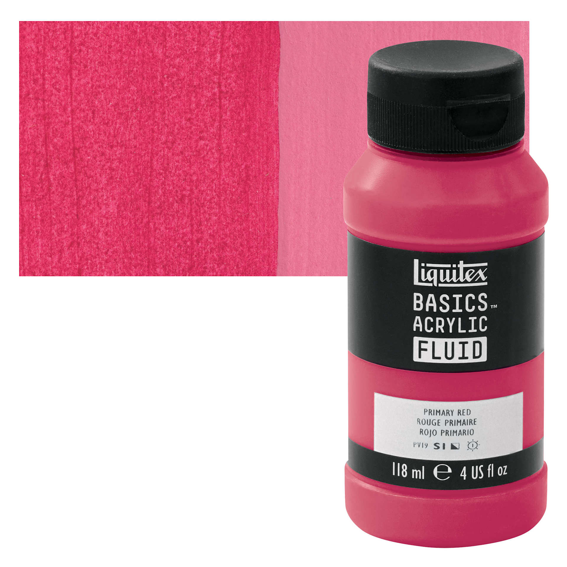 Liquitex Basics Acrylic Fluid Paint - Primary Red, 118 ml bottle and swatch