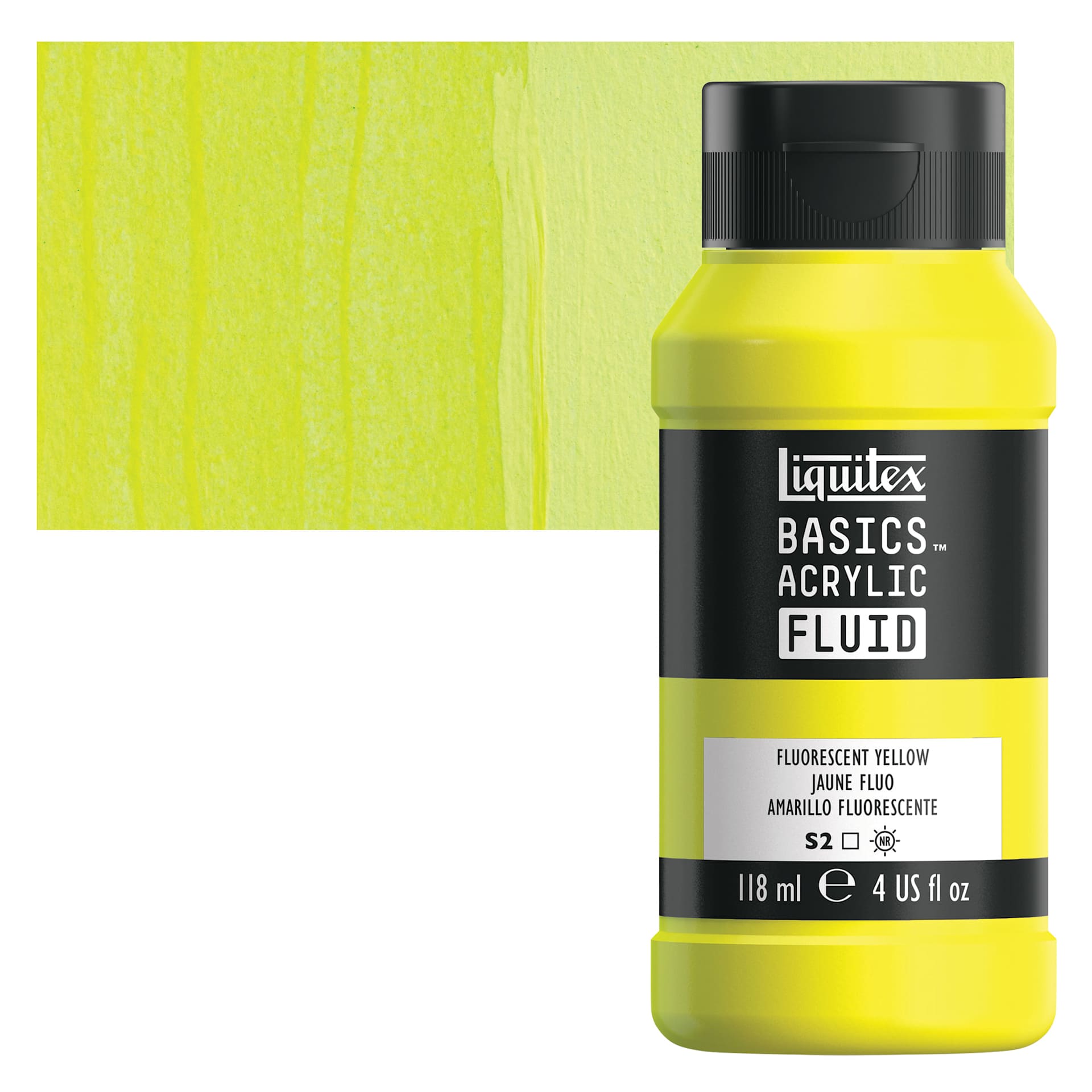 Liquitex Basics Acrylic Fluid Paint - Fluorescent Yellow, 118 ml bottle and swatch