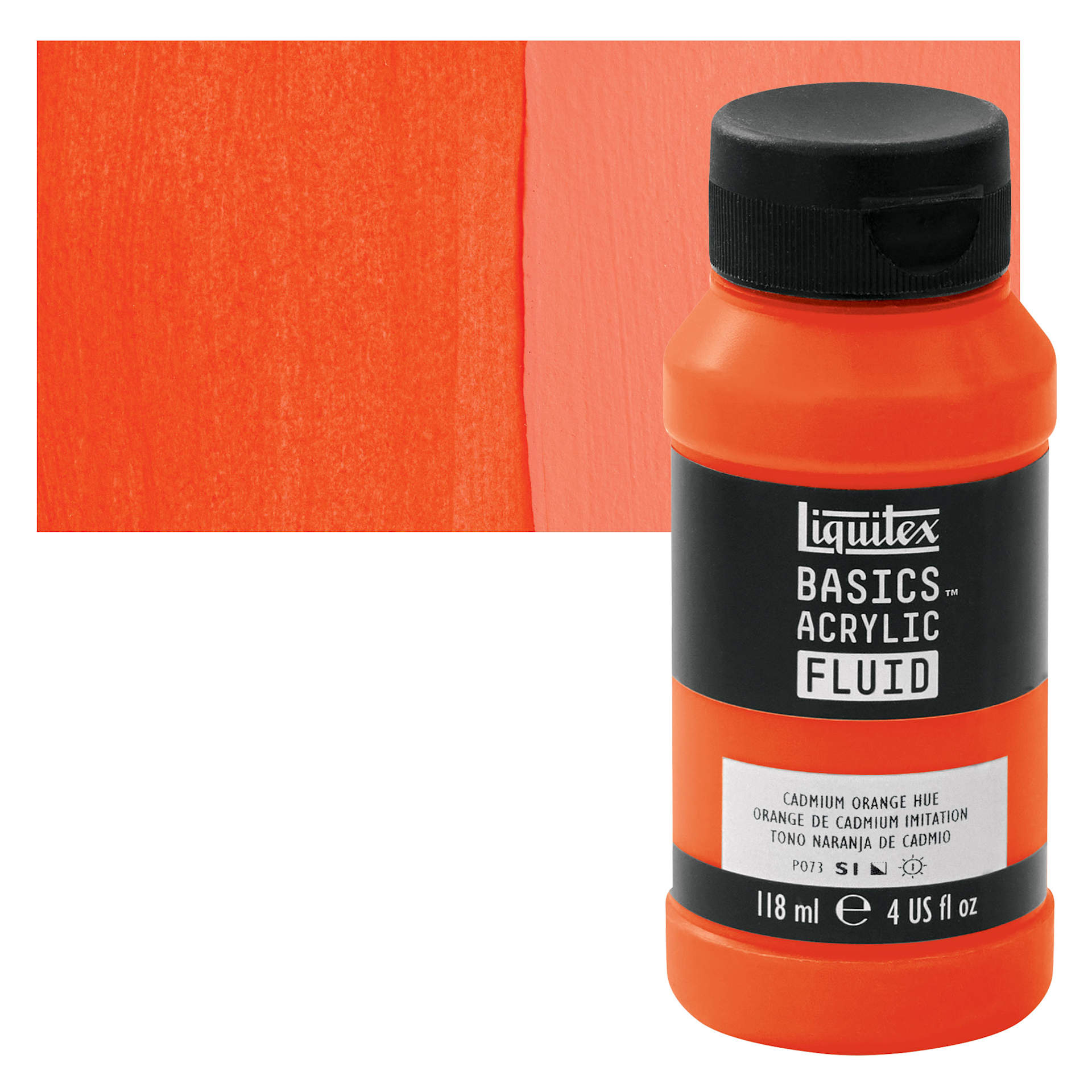 Liquitex Basics Acrylic Fluid Paint - Cadmium Orange Hue, 118 ml bottle and swatch