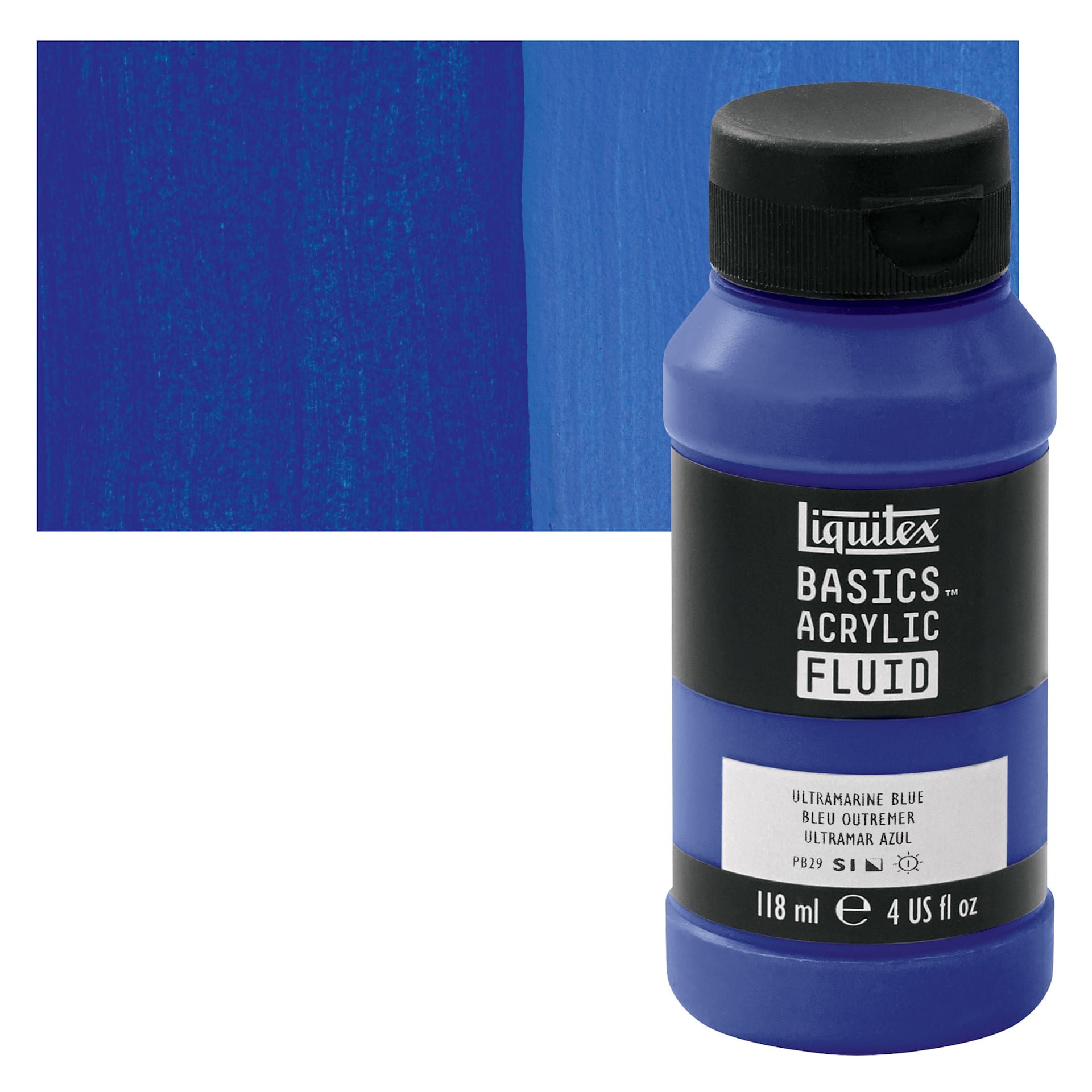 Liquitex Basics Acrylic Fluid Paint - Ultramarine Blue, 118 ml bottle and swatch