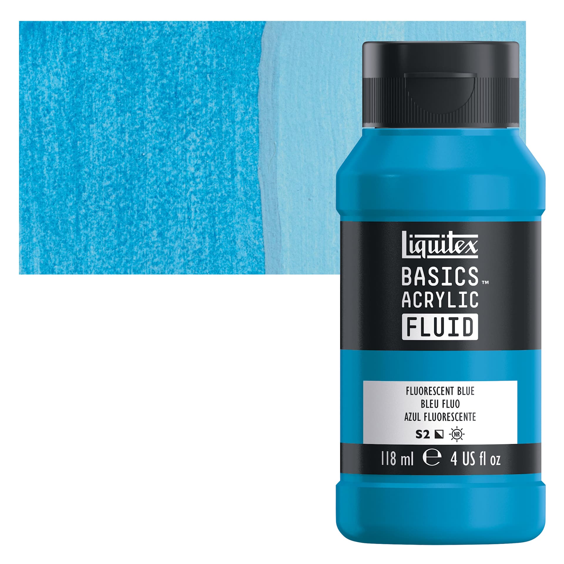 Liquitex Basics Acrylic Fluid Paint - Fluorescent Blue, 118 ml bottle and swatch