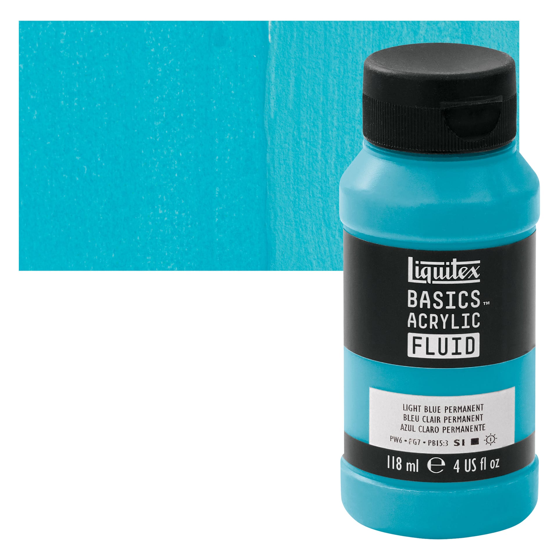 Liquitex Basics Acrylic Fluid Paint - Light Blue Permanent, 118 ml bottle and swatch