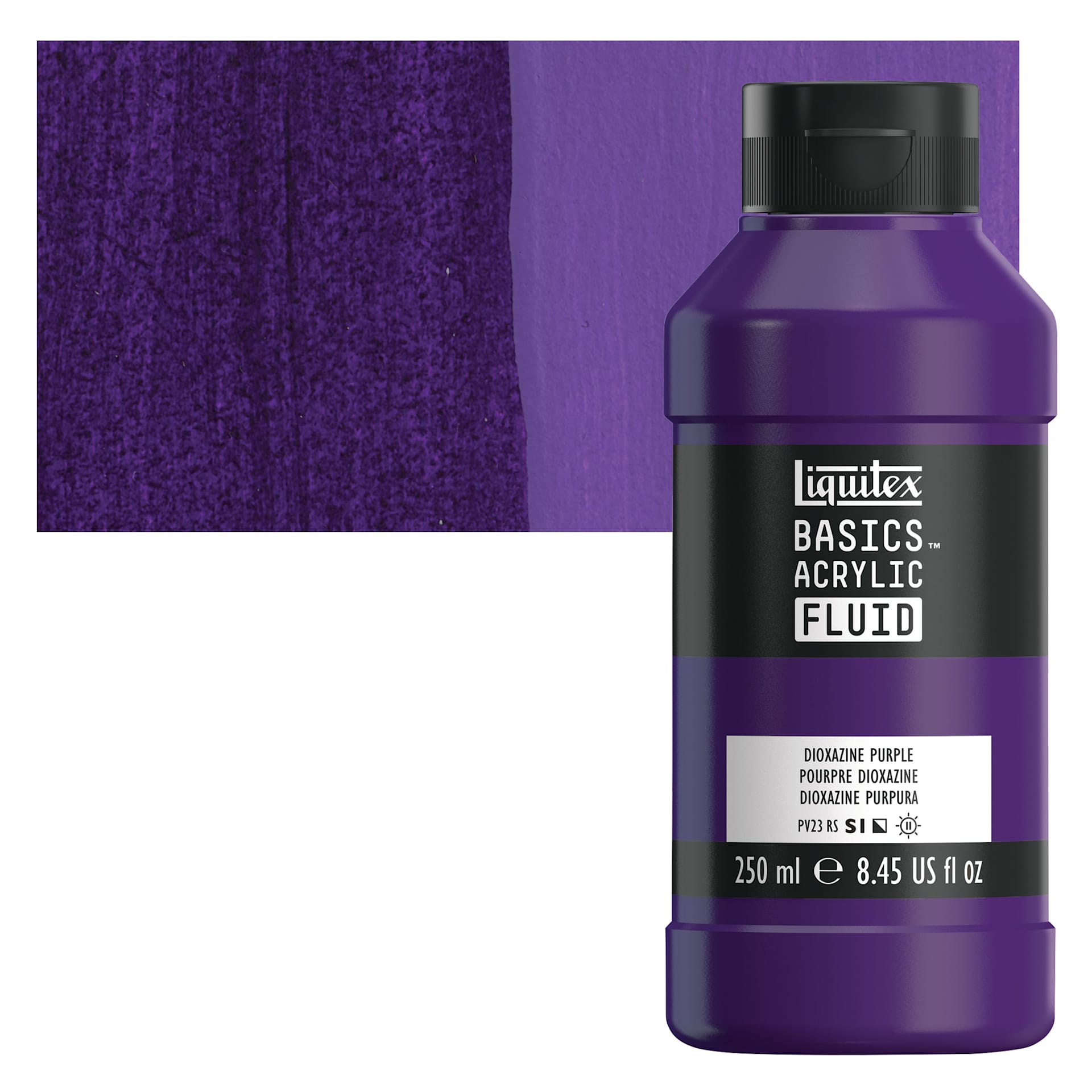Liquitex Basics Acrylic Fluid Paint - Dioxazine Purple, 250 ml bottle and swatch