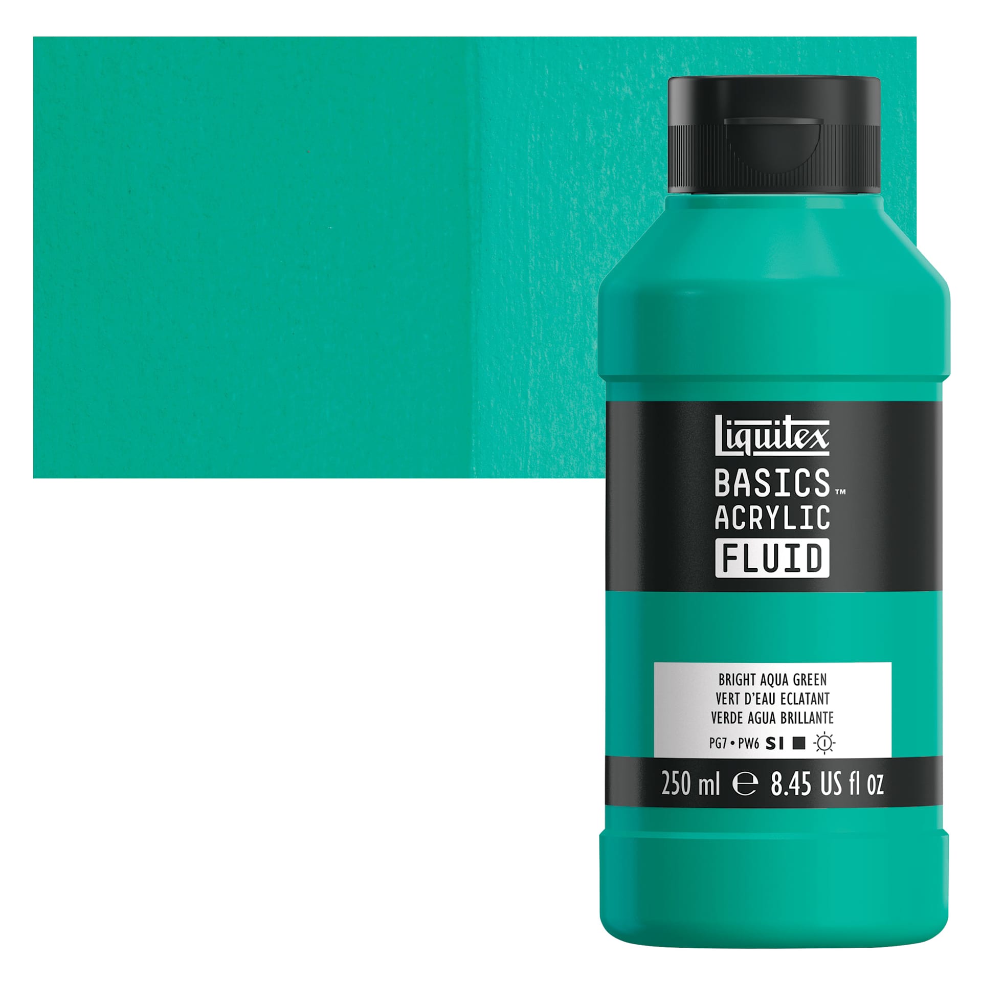 Liquitex Basics Acrylic Fluid Paint - Bright Aqua Green, 250 ml bottle and swatch