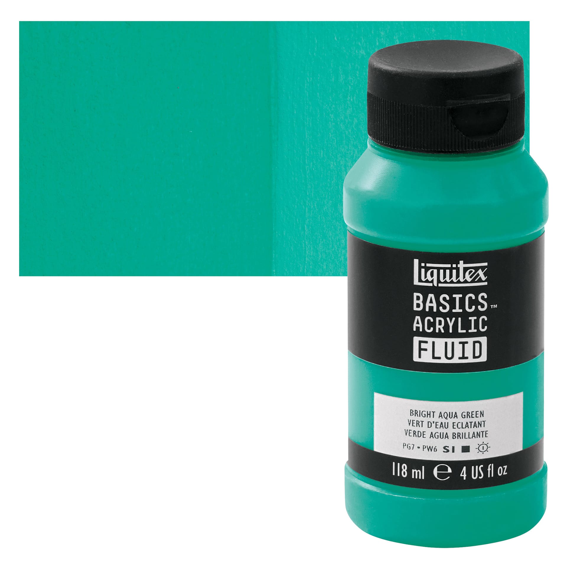 Liquitex Basics Acrylic Fluid Paint - Bright Aqua Green, 118 ml bottle and swatch