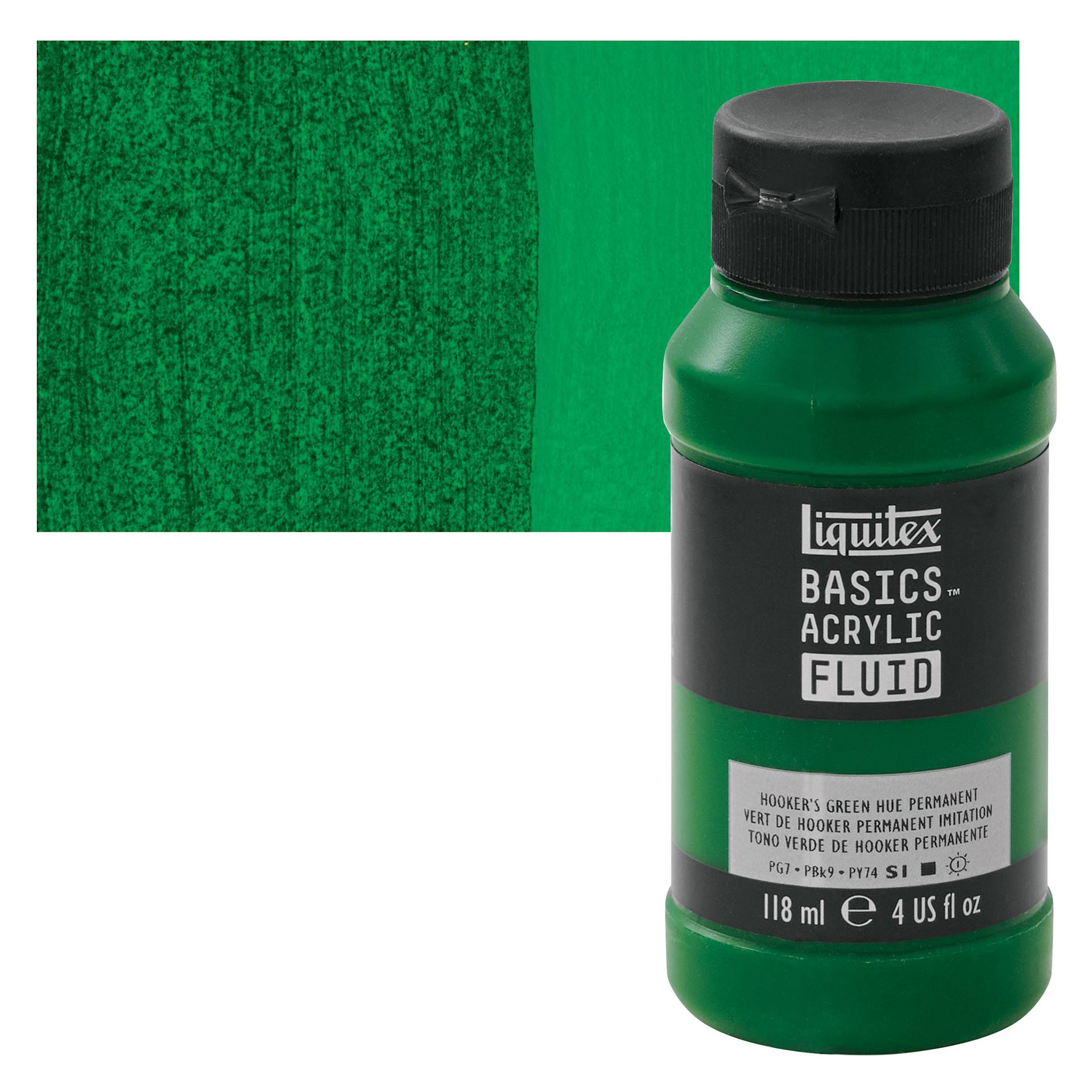 Liquitex Basics Acrylic Fluid Paint - Hooker's Green Permanent Hue, 118 ml bottle and swatch