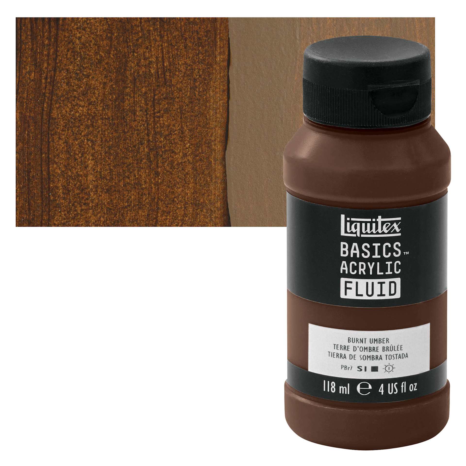Liquitex Basics Acrylic Fluid Paint - Burnt Umber, 118 ml bottle and swatch