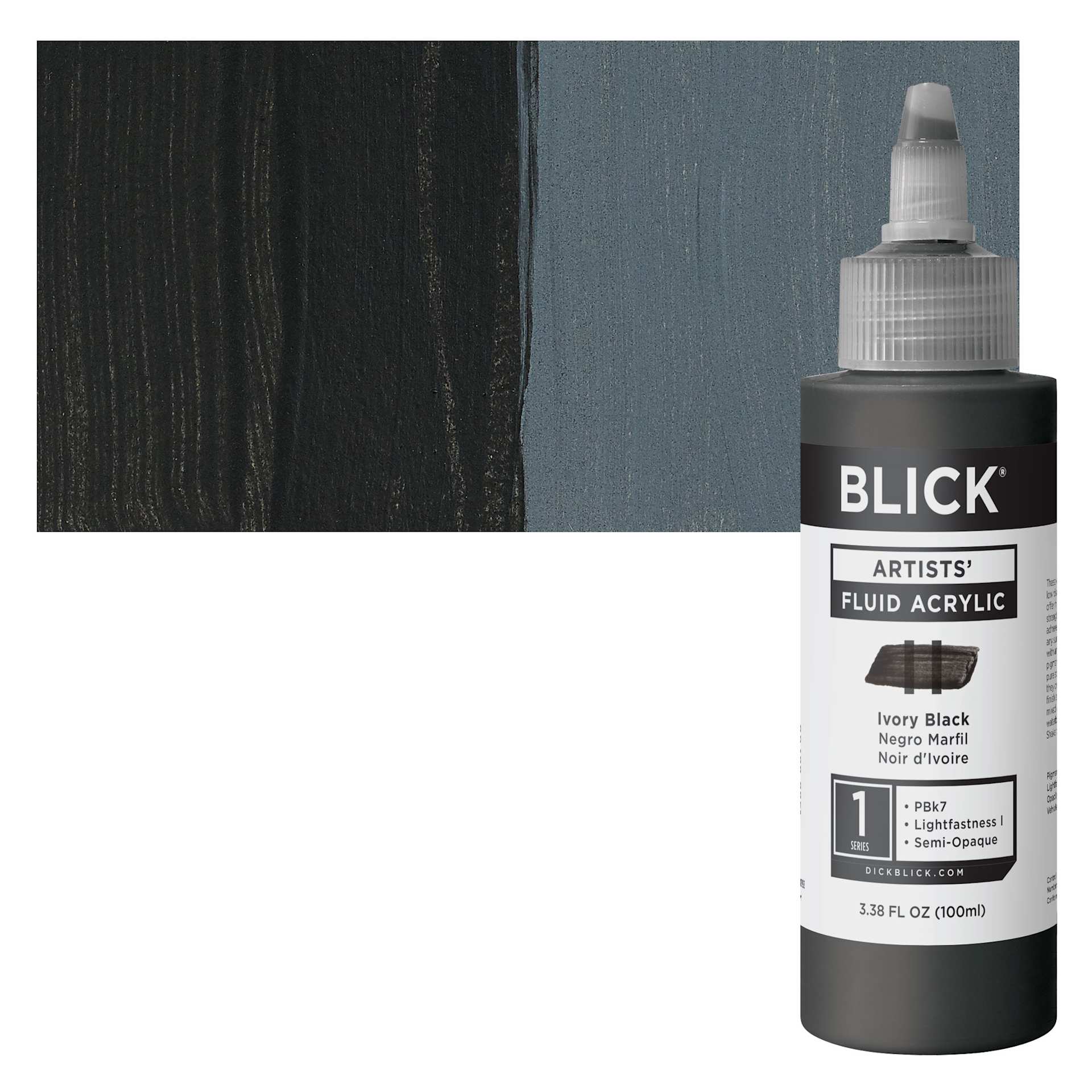 Blick Artists’ Fluid Acrylic - Ivory Black, 100 ml Bottle and Swatch