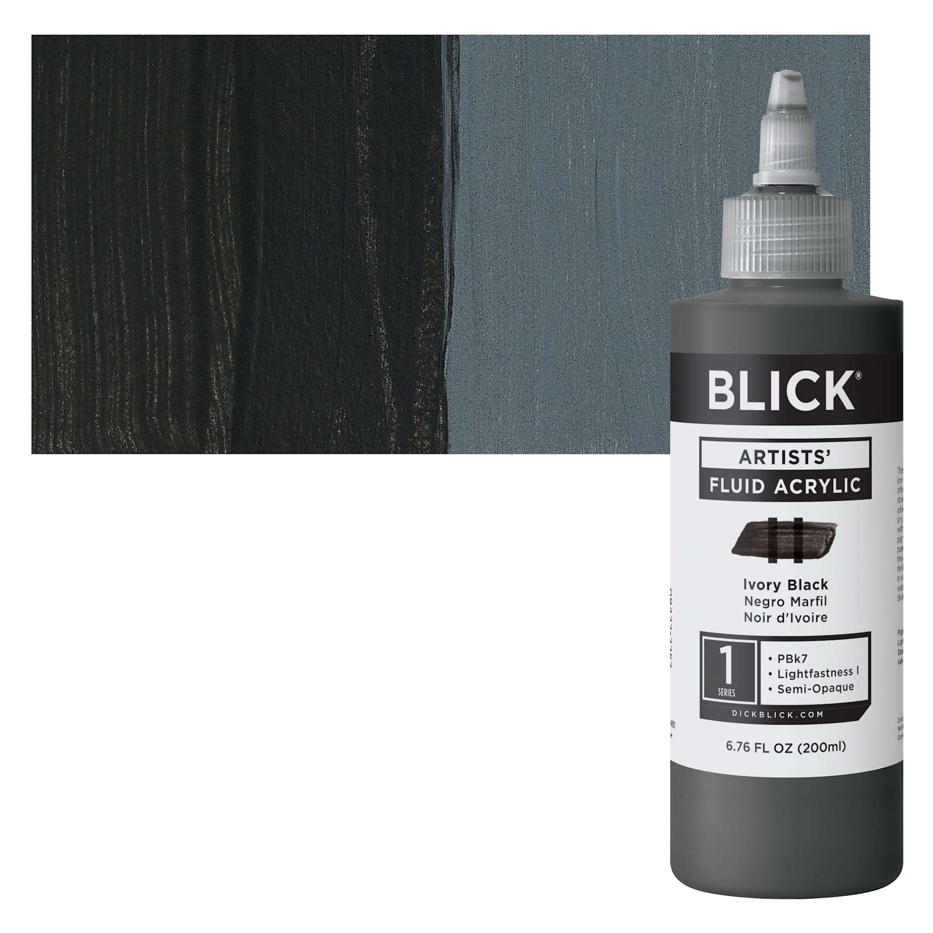 Blick Artists’ Fluid Acrylic - Ivory Black, 200 ml bottle and swatch