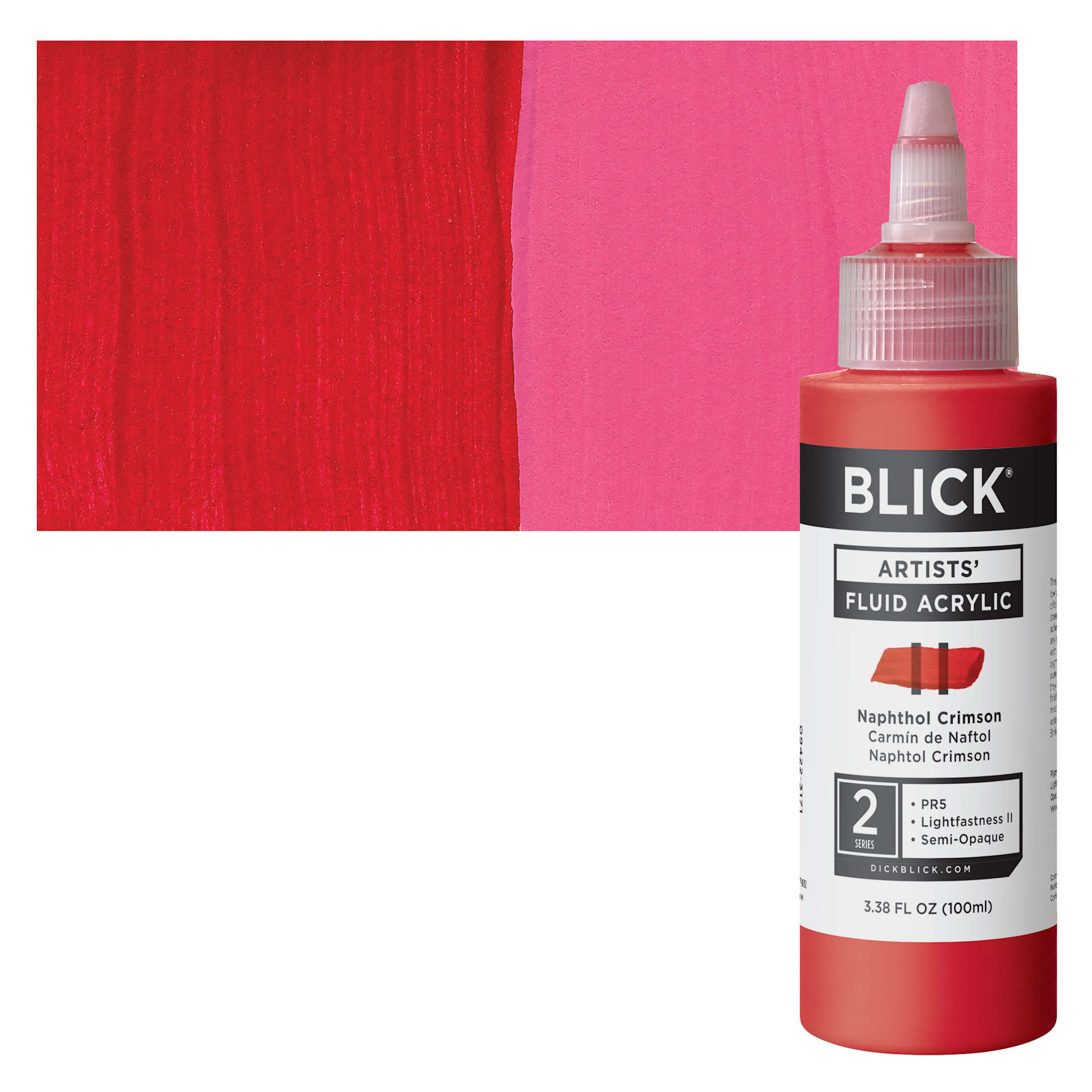 Blick Artists’ Fluid Acrylic - Naphthol Crimson, 100 ml Bottle and Swatch