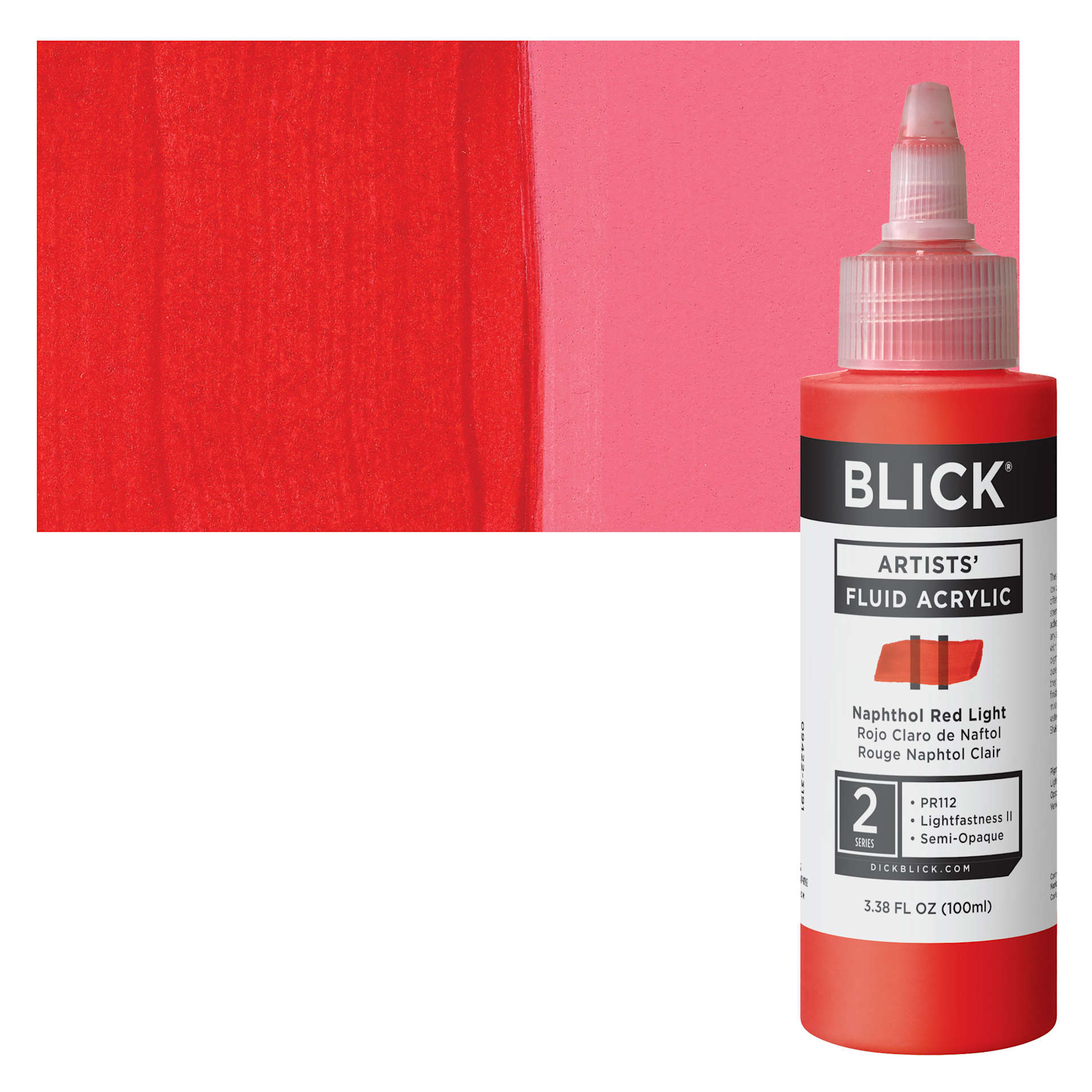 Blick Artists’ Fluid Acrylic - Naphthol Red Light, 100 ml bottle and swatch
