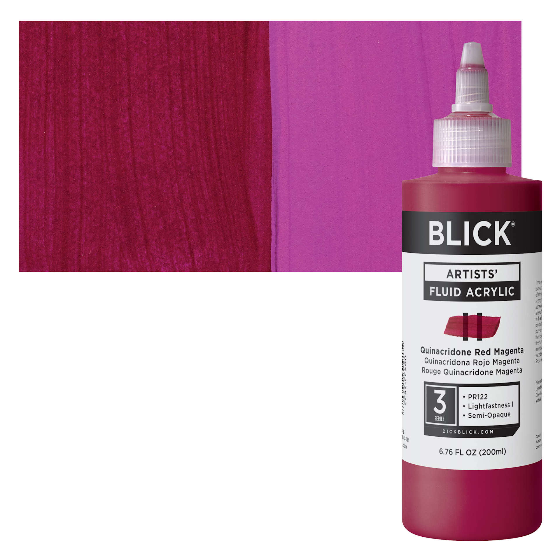Blick Artists’ Fluid Acrylic - Quinacridone Red Magenta, 200 ml bottle and swatch