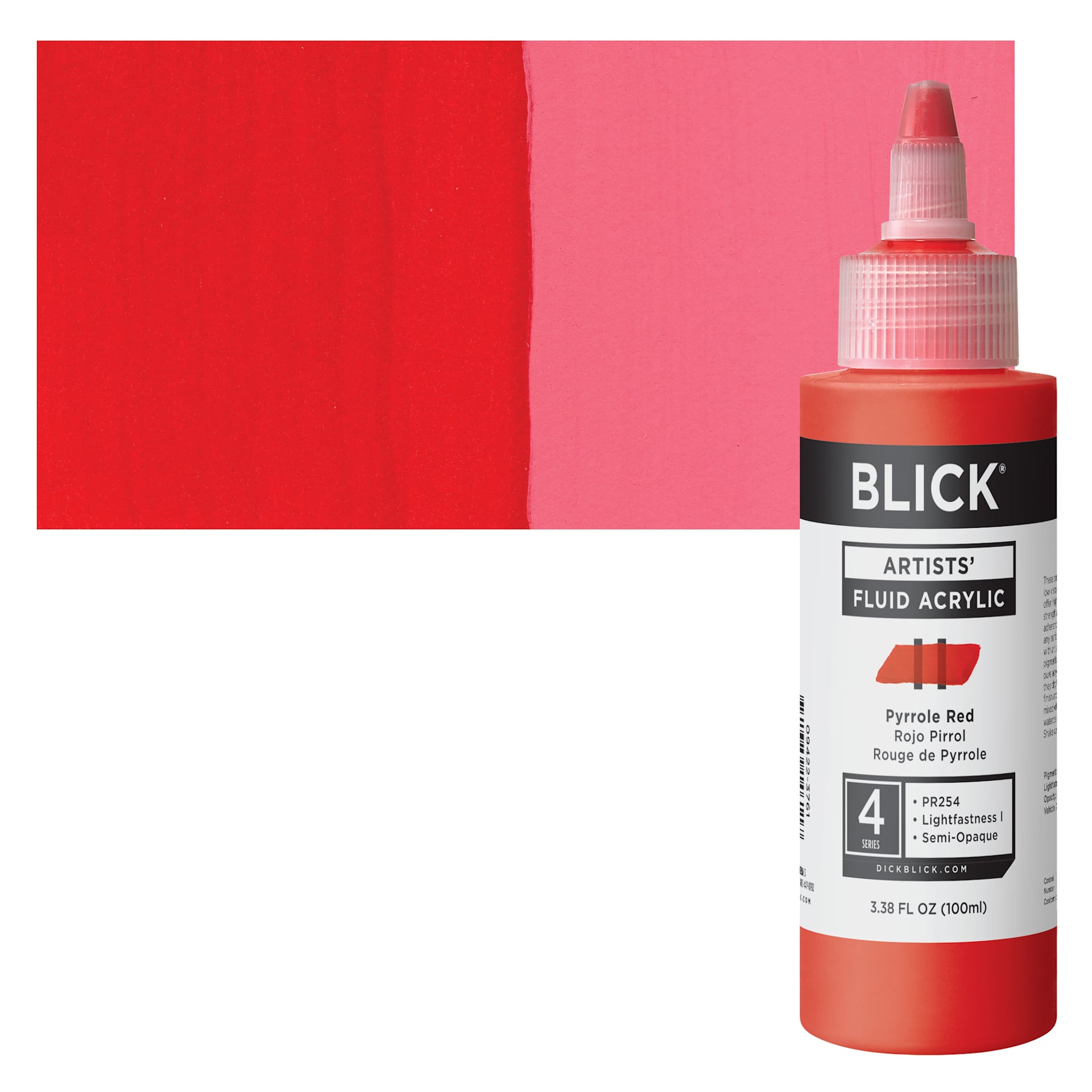 Blick Artists’ Fluid Acrylic - Pyrrole Red, 100 ml bottle and swatch