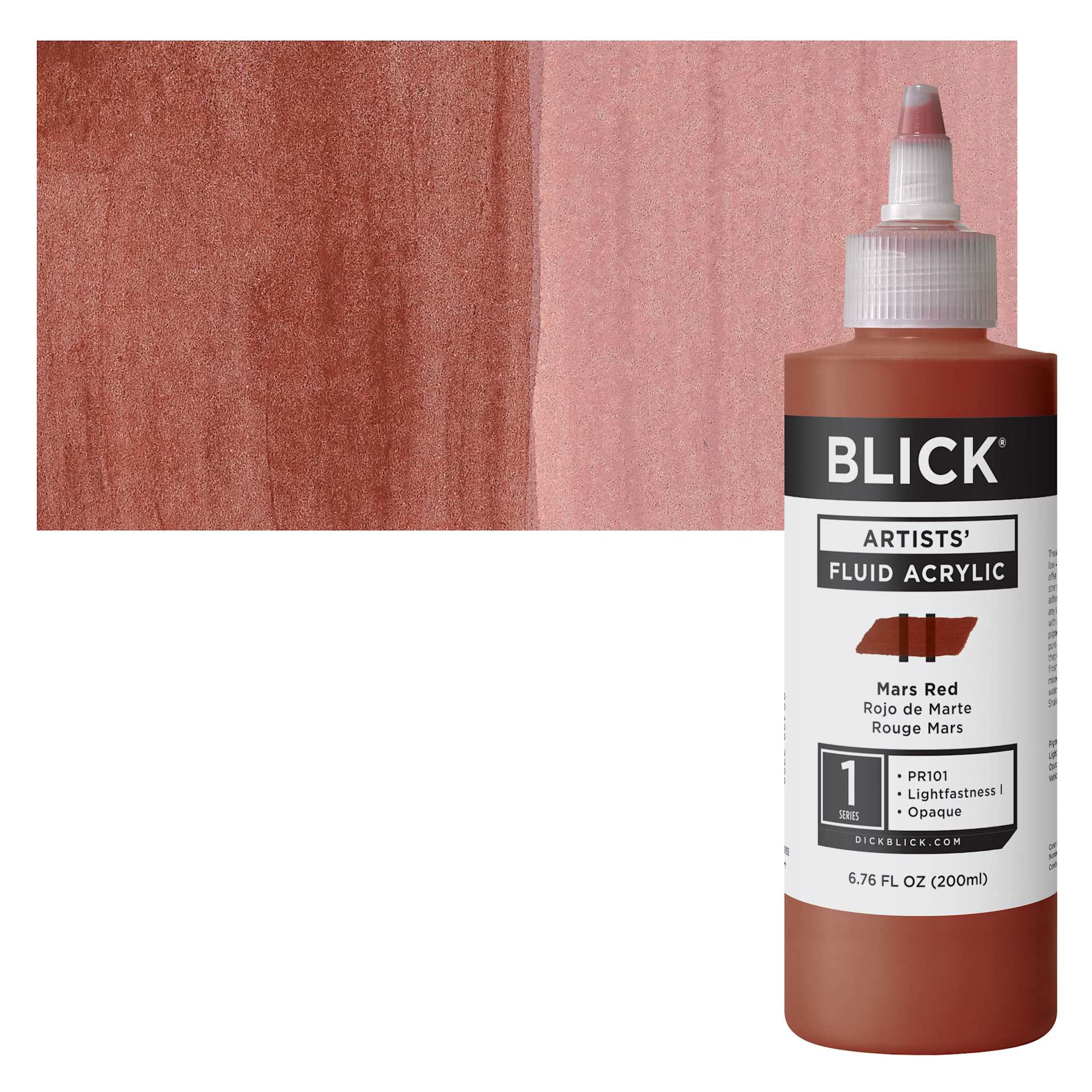Blick Artists’ Fluid Acrylic - Mars Red, 200 ml bottle and swatch