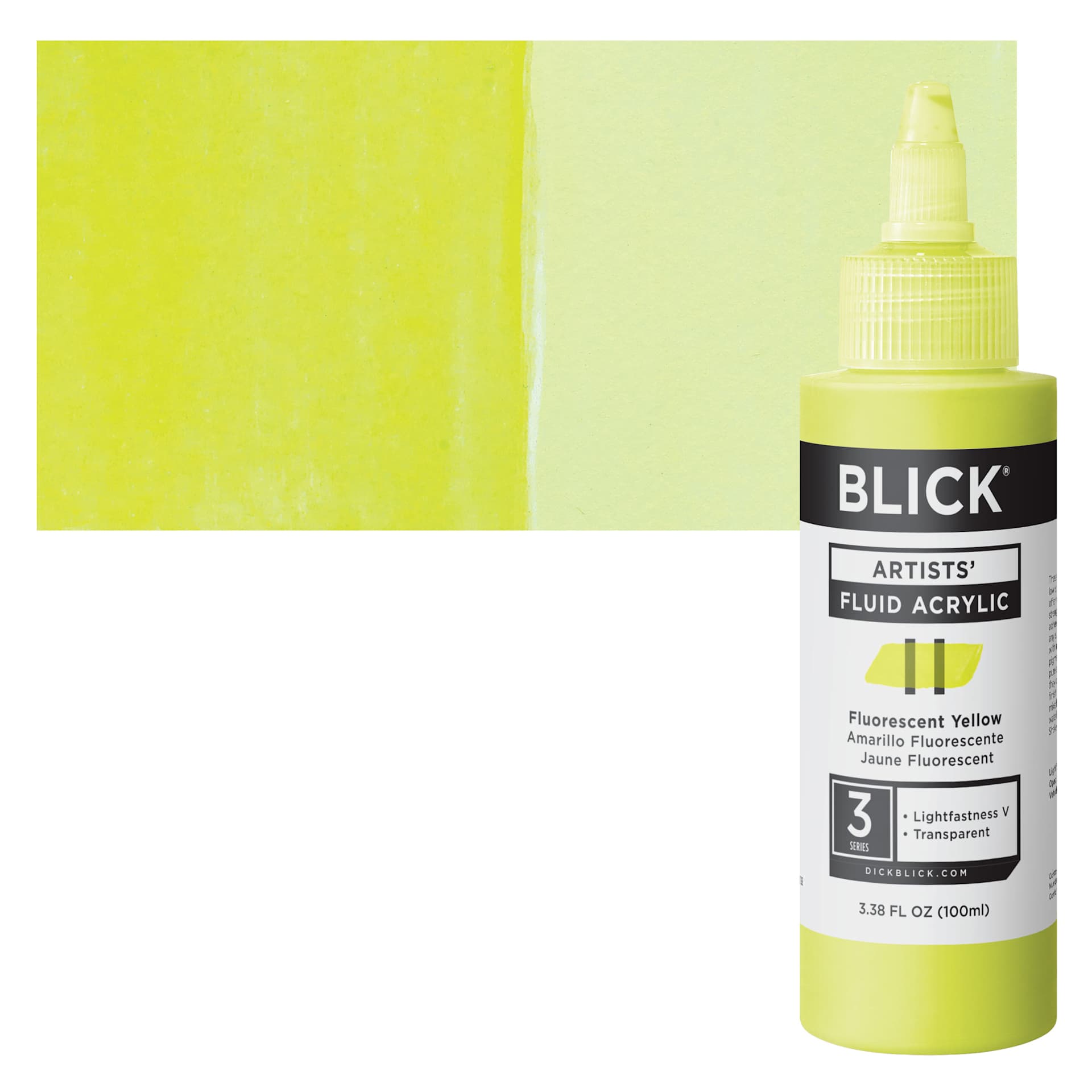 Blick Artists’ Fluid Acrylic Imperfect Packaging - Fluorescent Yellow, 100 ml bottle and swatch