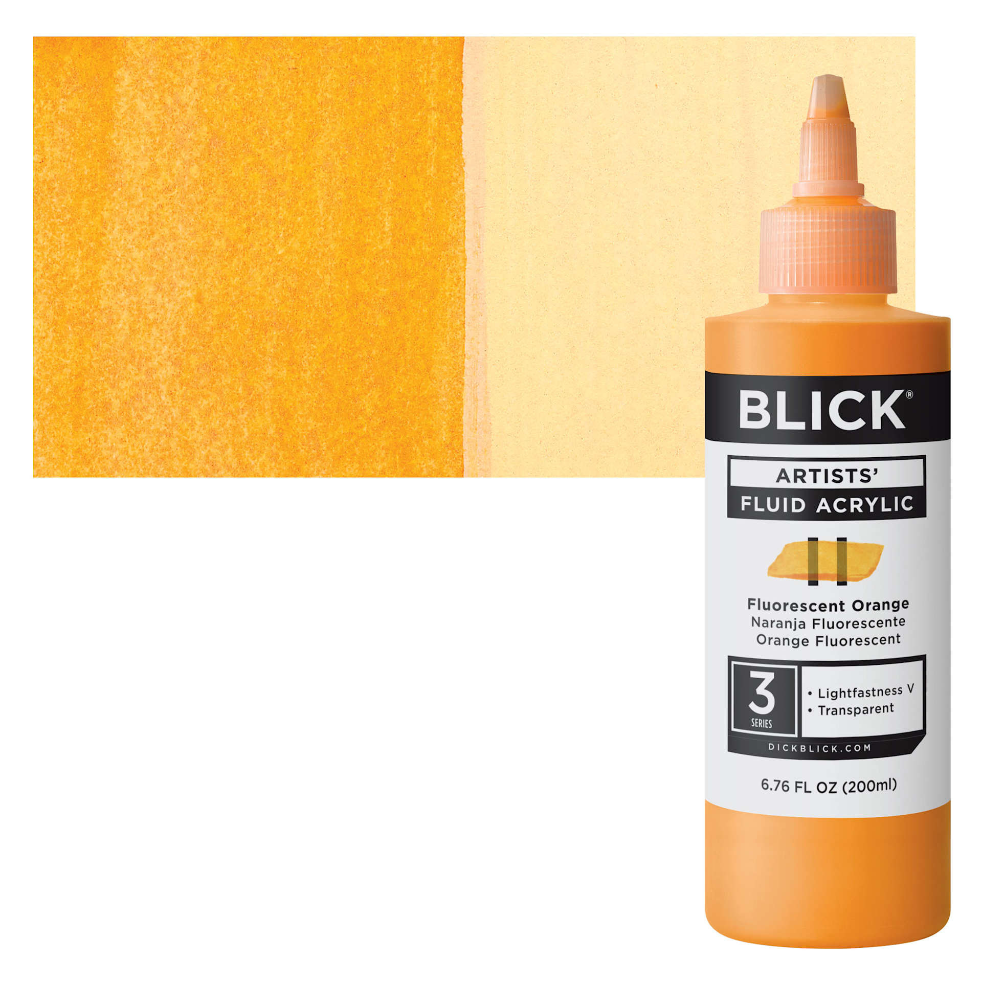 Blick Artists’ Fluid Acrylic - Fluorescent Orange, 200 ml bottle and swatch