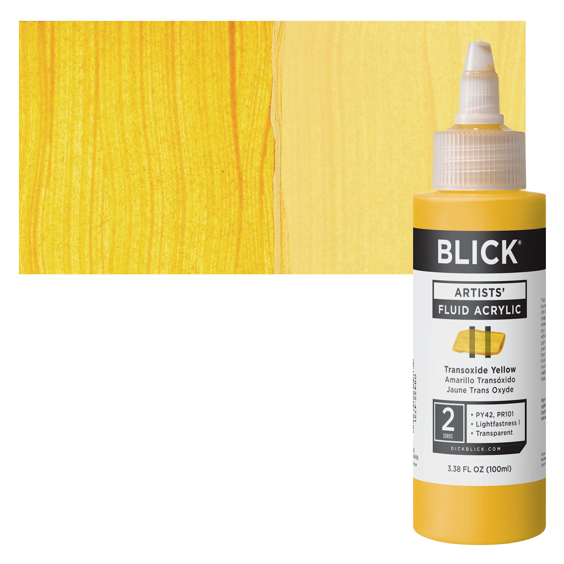 Blick Artists’ Fluid Acrylic - Transoxide Yellow, 100 ml bottle and swatch