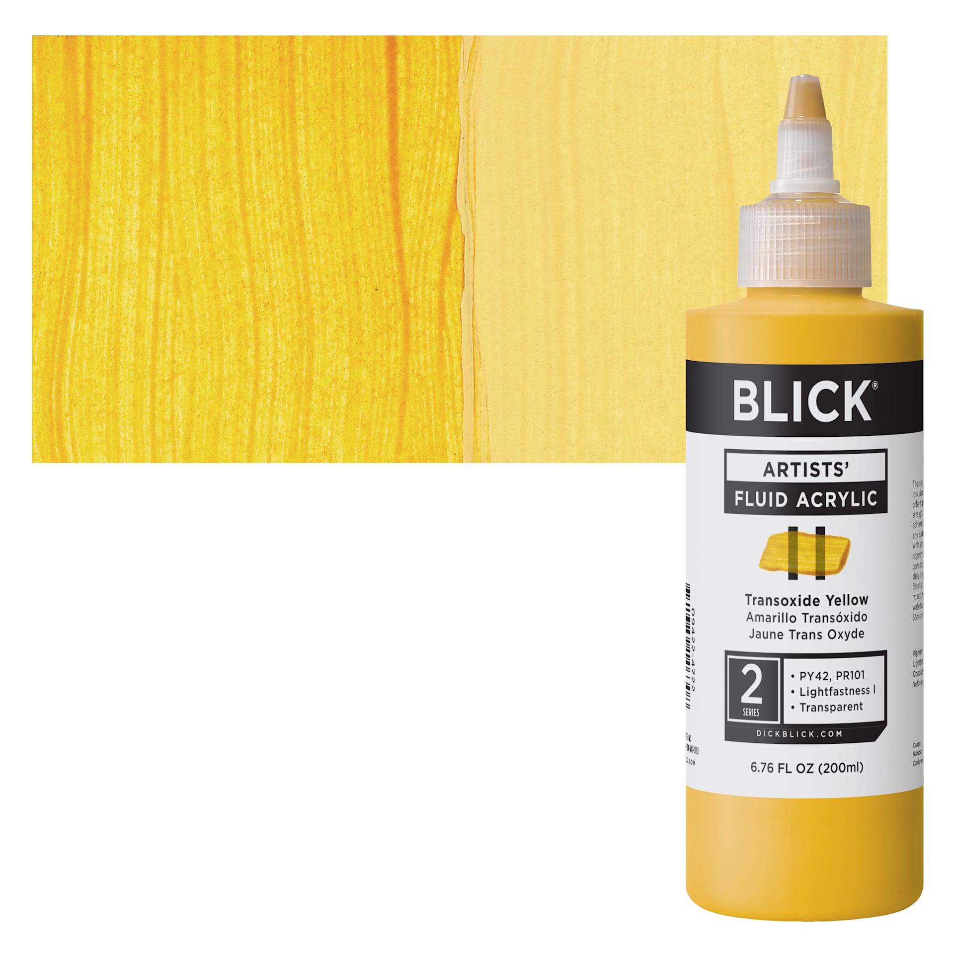 Blick Artists’ Fluid Acrylic - Transoxide Yellow, 200 ml bottle and swatch