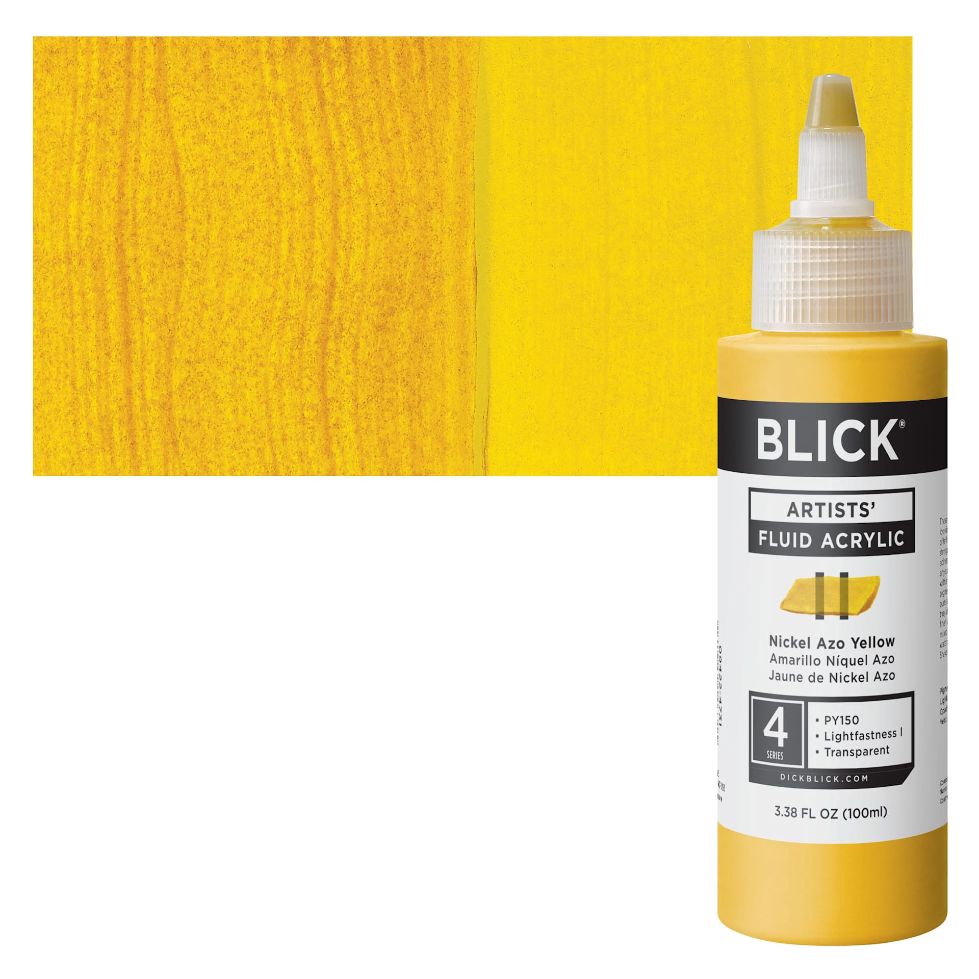 Blick Artists’ Fluid Acrylic - Nickel Azo Yellow, 100 ml bottle and swatch