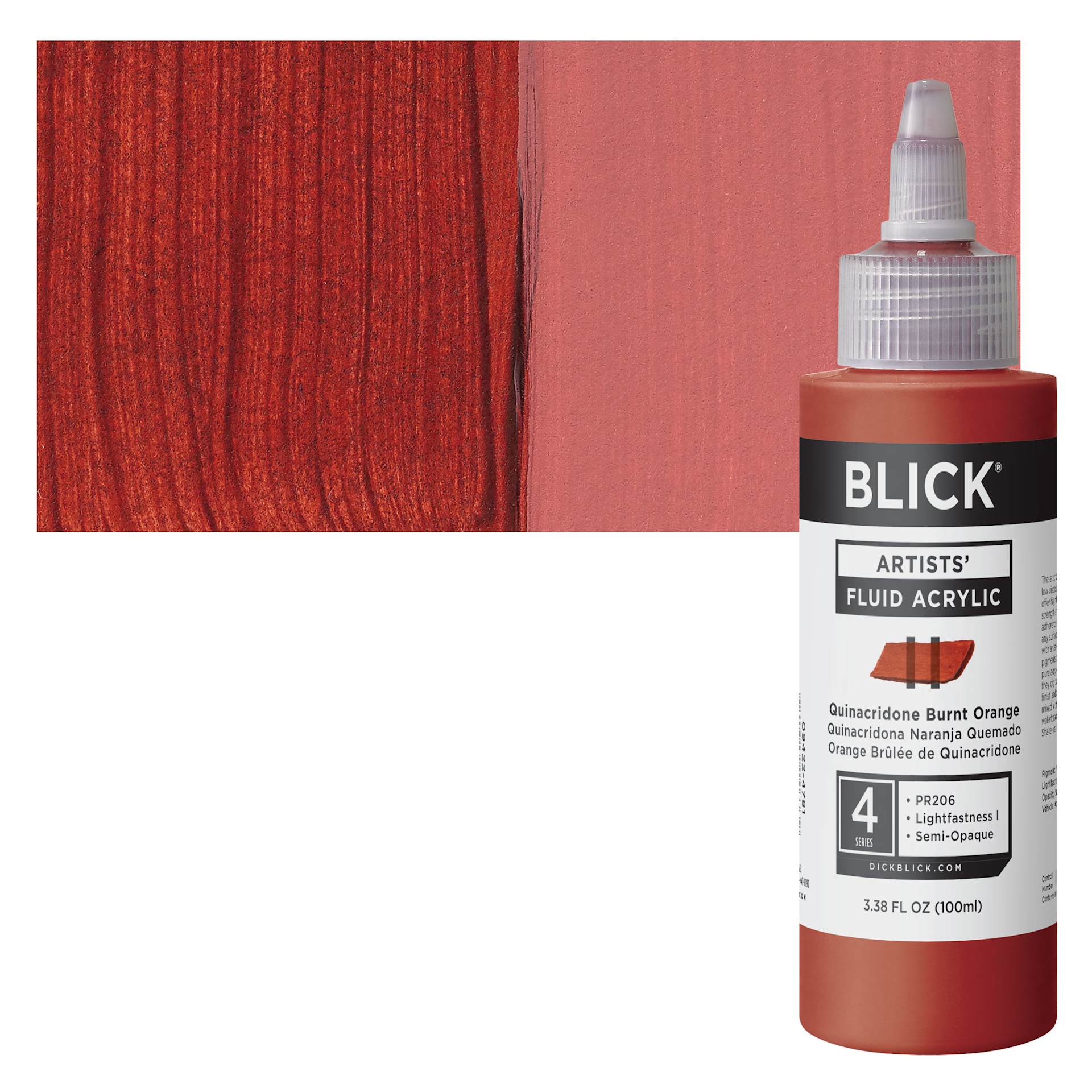 Blick Artists’ Fluid Acrylic - Quinacridone Burnt Orange, 100 ml bottle and swatch