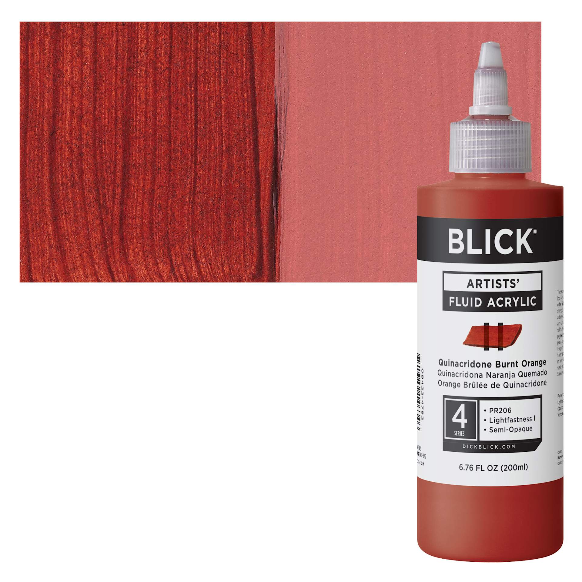 Blick Artists’ Fluid Acrylic - Quinacridone Burnt Orange, 200 ml bottle and swatch
