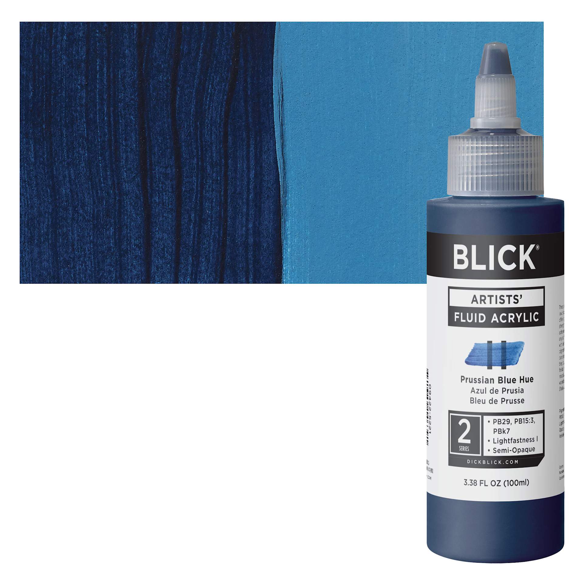 Blick Artists’ Fluid Acrylic - Prussian Blue Hue , 100 ml Bottle and Swatch