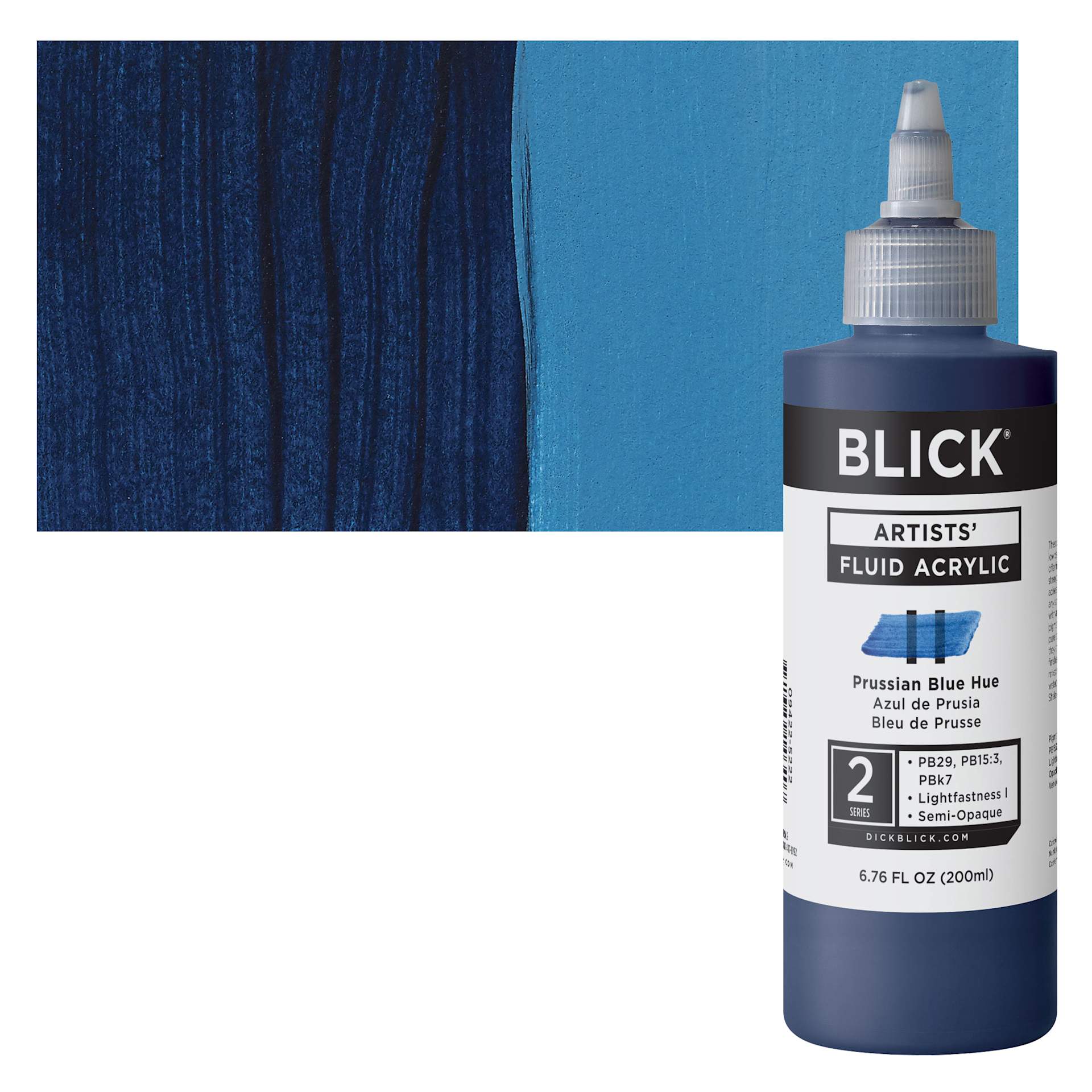 Blick Artists’ Fluid Acrylic - Prussian Blue Hue, 200 ml bottle and swatch