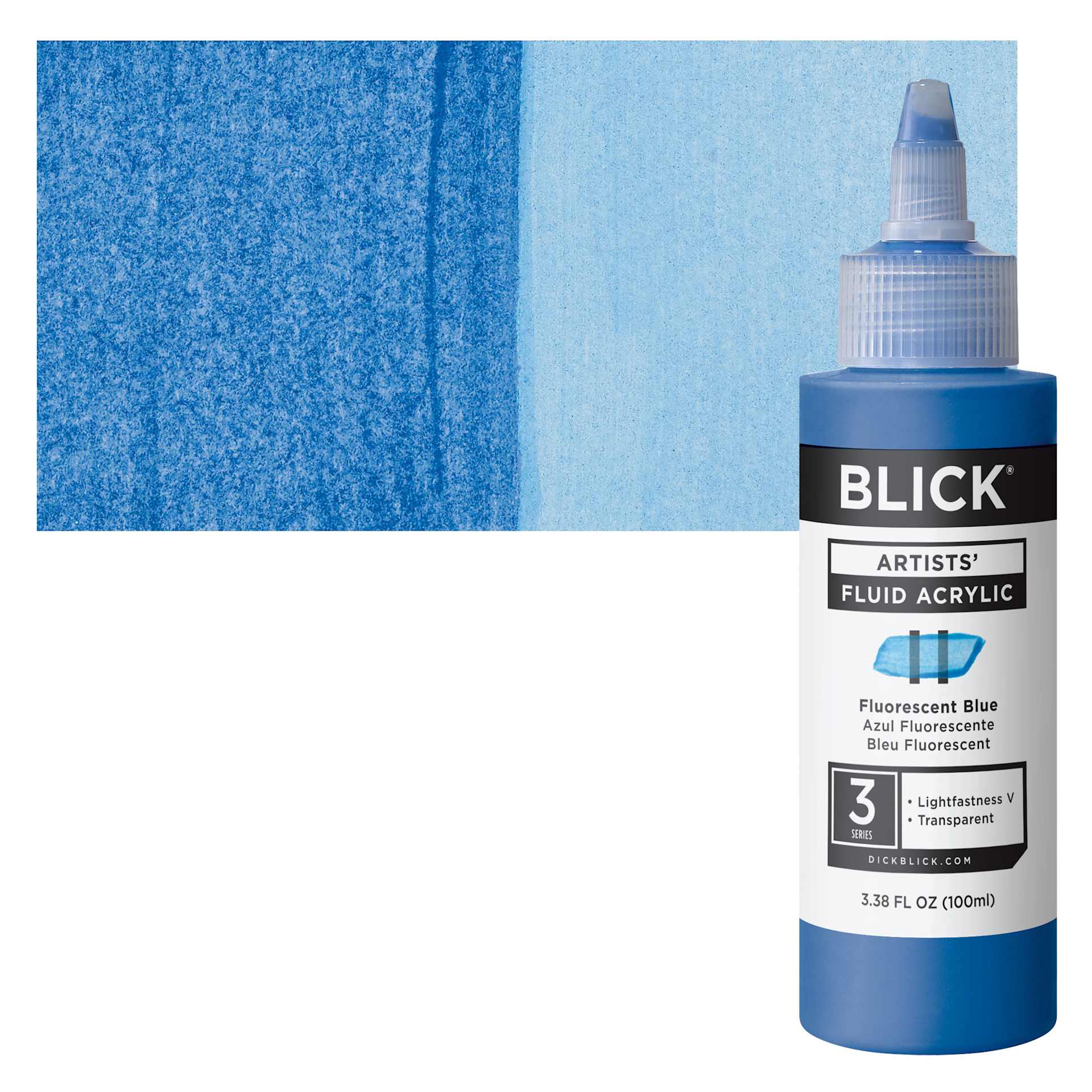 Blick Artists’ Fluid Acrylic - Fluorescent Blue, 100 ml bottle and swatch